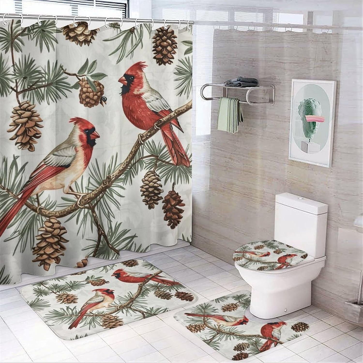 4Pcs Retro Pine Tree Shower Curtain Sets, Bath Mat and Rugs, Red Bird Pinecone Shower Curtain with Hooks for Bathroom