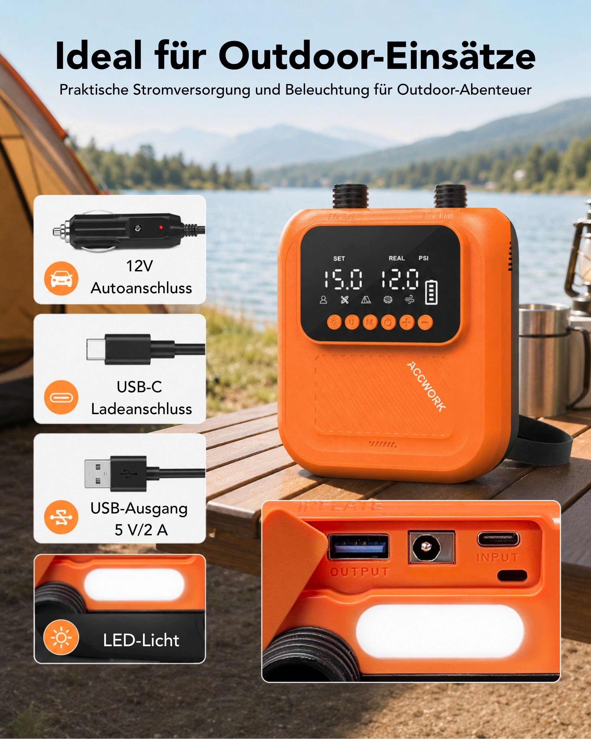 Accwork Elektrische SUP Pumpe mit Akku, 20 PSI wiederaufladbare Luftpumpe für SUP Board, Auto-Off, Aufpumpen & Abpumpen, 5 Modi, PSI/BAR, 12V DC & USB-C, mit 7 Adaptern für Kajak, Zelt, Luftmatratze