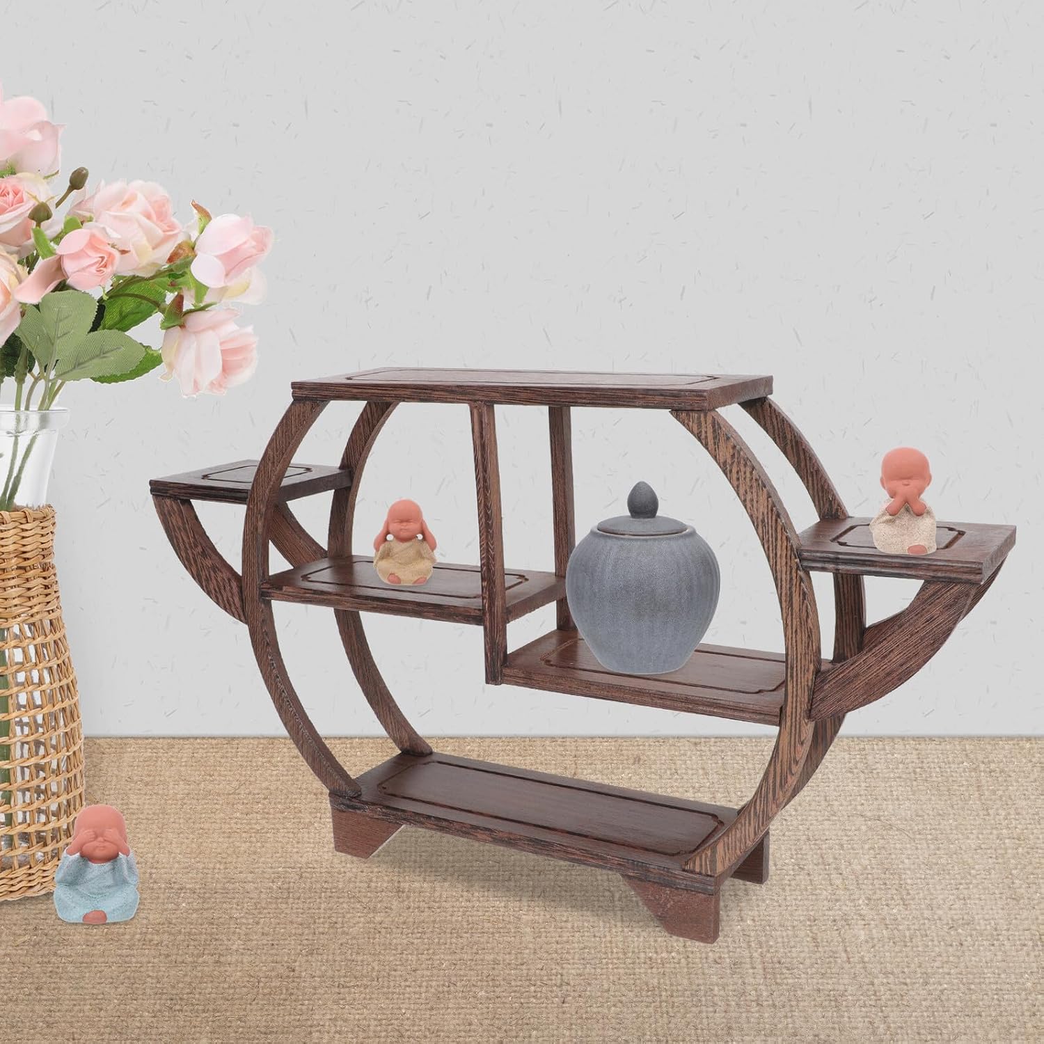VICASKY Chinese Style Wooden Curio Showing Stand for Home Decor Solid Hardwood Antique Display Shelf Stable Craftsmanship Adornment for Desk Tea Living Decoration