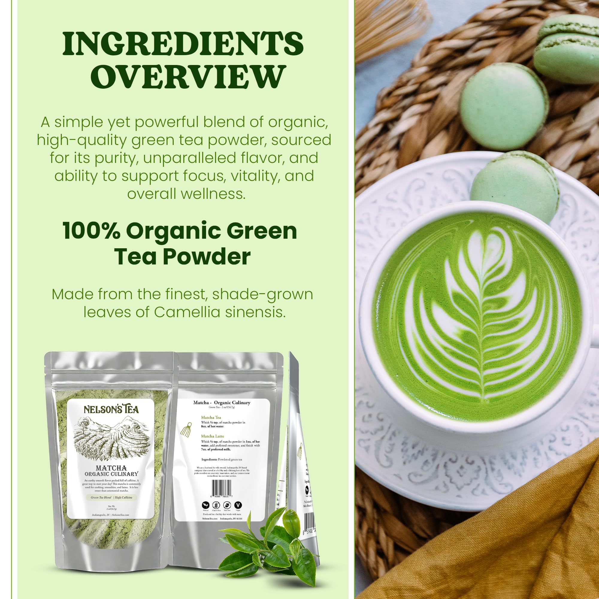 Nelsons Tea Organic Matcha Powder Premium Culinary Grade Green Tea for Lattes Smoothies Cooking Versatile Ideal for Healthy — view 2