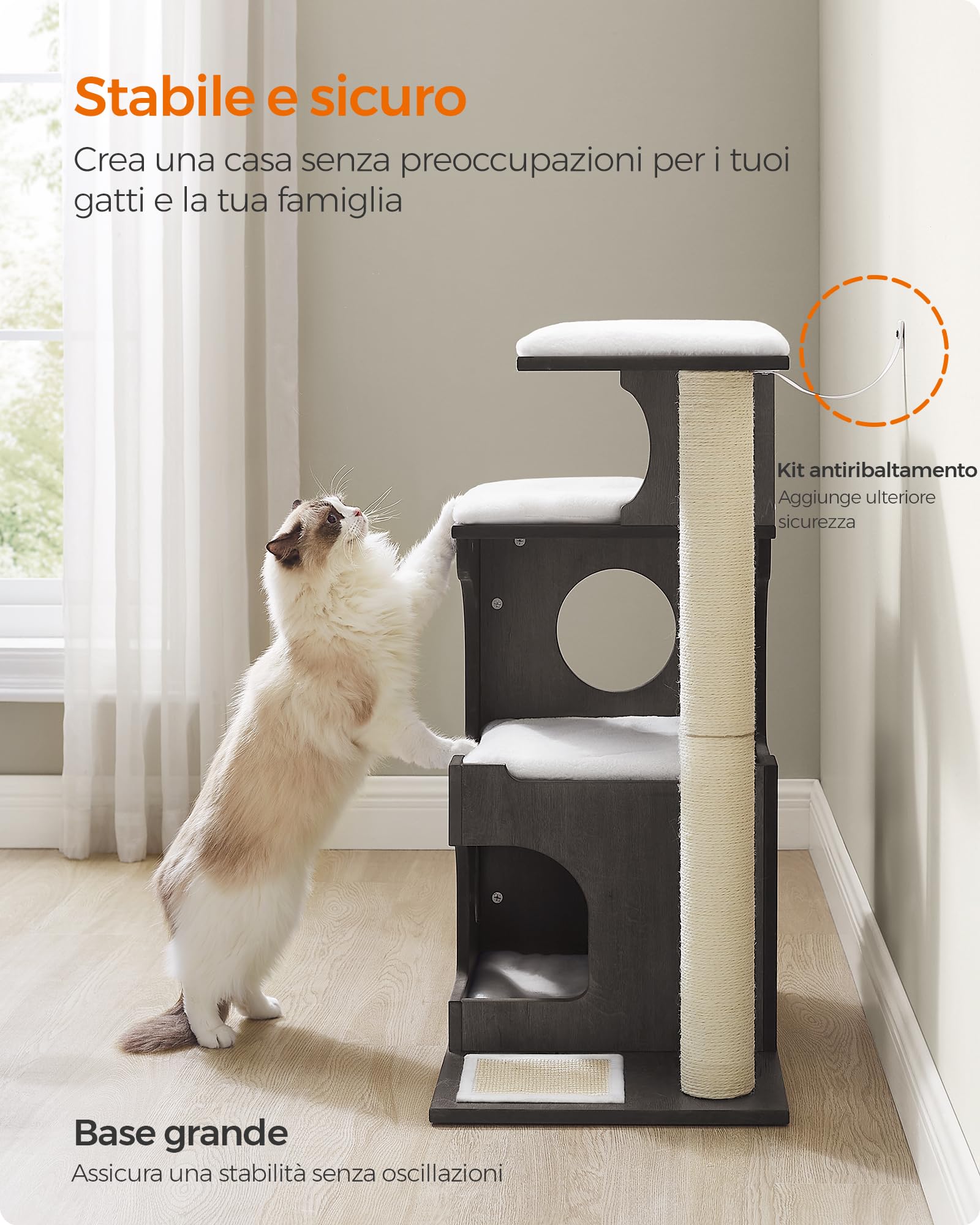 Feandrea Tiragraffi, Albero per Gatti di Truciolato Alto 86 cm, con Grotta, Posatoi, Colonna e Tappeto Graffiatoio in Sisal, Lavabili Tappeti in Pelliccia Sintetica, Grigio Nebbia PCT070G02