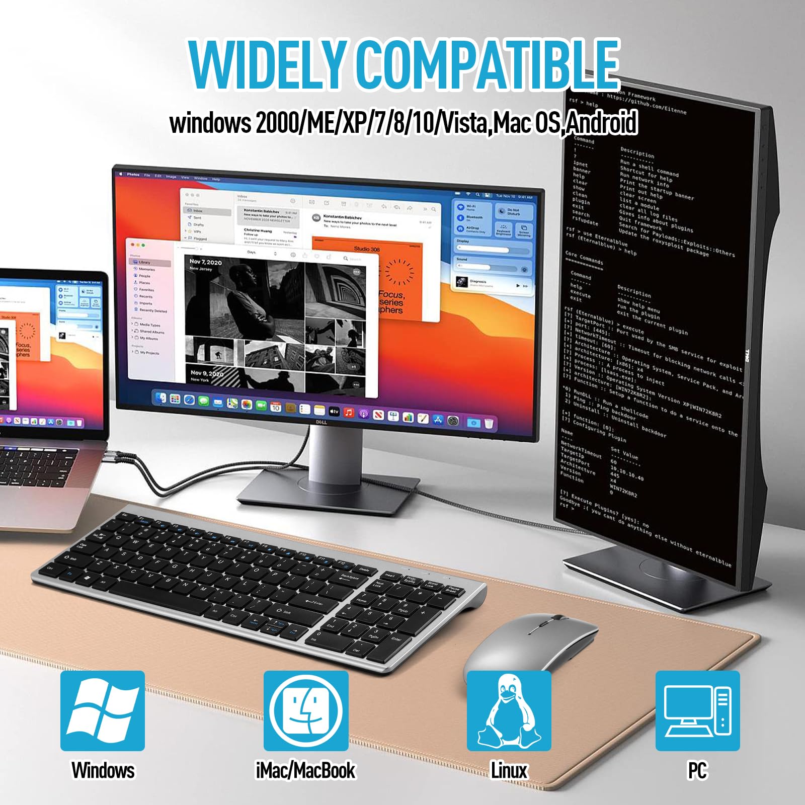 Kabellose, leise, leichte Tastatur und Maus, ultradünn, 2,4 G, USB, leise, kompakt, Scherenschalter, Tastatur-Maus-Set mit Abdeckung, 2 AA- und 2 AAA-Batterien, für Laptop/PC/Windows – Grau + Schwarz