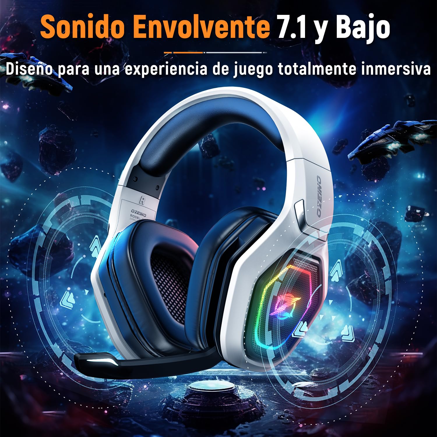 Ozeino Cascos Gaming Inalámbricos para PC/Ps5/Ps4, Auriculares Gaming Inalámbricos de 2,4GHz Wireless+Bluetooth, Baja Latencia Calidad de Sonido sin Pérdidas, Duración 30Hr+ Blanco