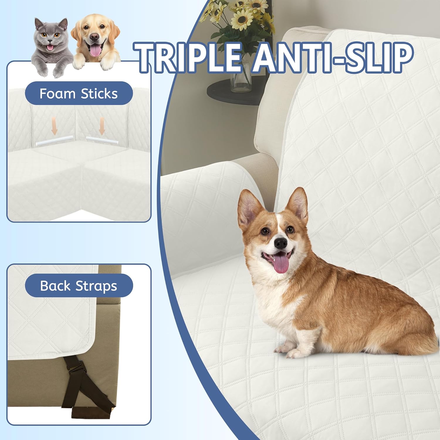 Arfntevss Sectional Sofa Cover Corner Sectional Couch Cover L Shaped Reversible Washable Sofa Slipcover for Dog Quilted U Shape Couch Cover 4 Pcs Non Slip Furniture Protector (Creamy White, X-Large)
