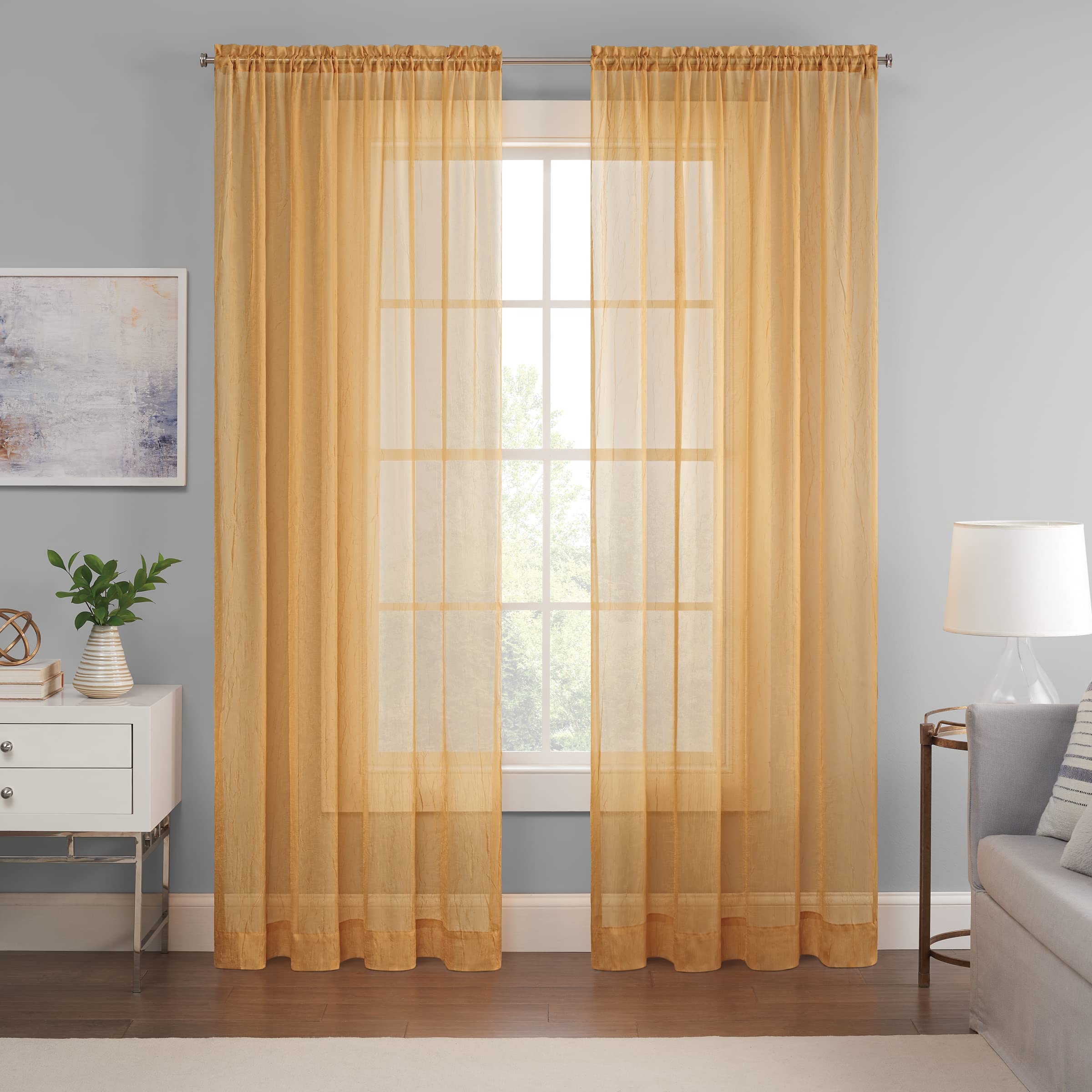 Eclipse Emina Crushed Sheer Voile Window Curtain Panel, Rod Pocket Window Curtain, 1 Panel, 52 in Wide x 84 in Long, Gold