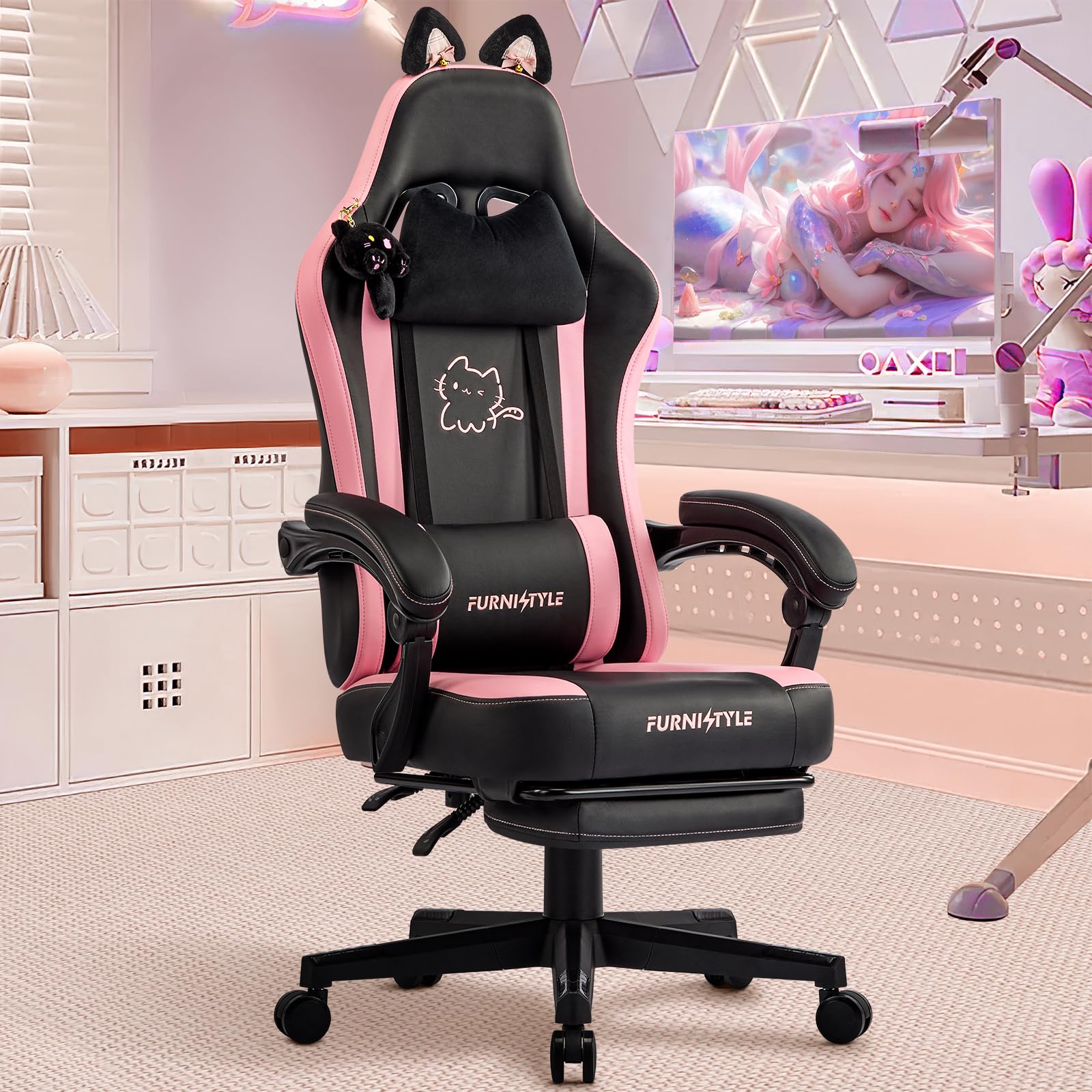 Hellove Chaise Gaming Ergonomique, Fauteuil Gamer avec Repose-Pieds Rétractable, Coussin Lombaire et Oreilles de Chat, pour Filles, Adolescents, Enfants, Cuir PU, Noir et Rose