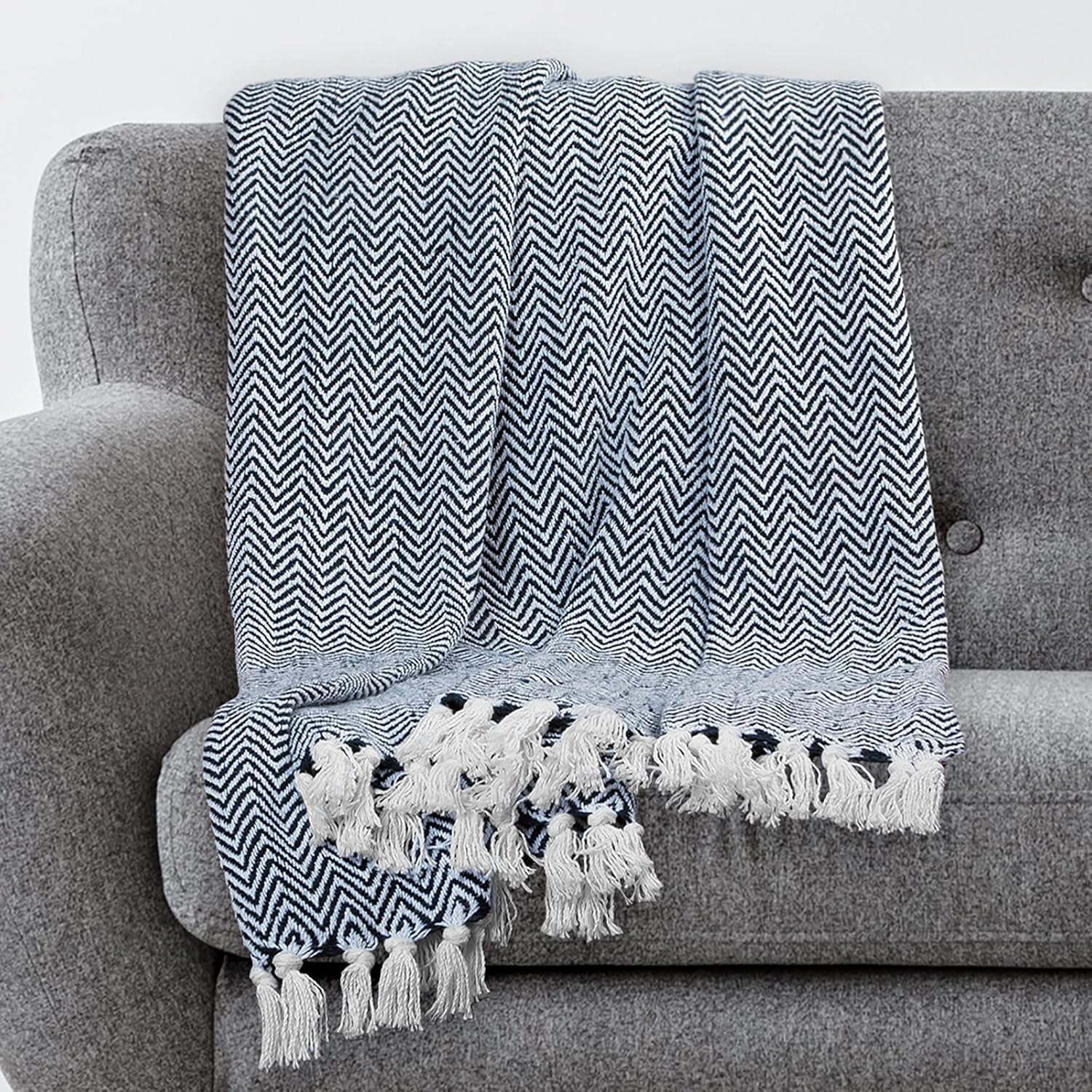 Americanflat 50x60 Throw Blanket - Soft and Breathable Cotton Throw Blanket for Couch, Bed, Chair - Decorative Blankets Perfect for Home or Outdoor Use - Navy Blue and White Herringbone Design - Image 5