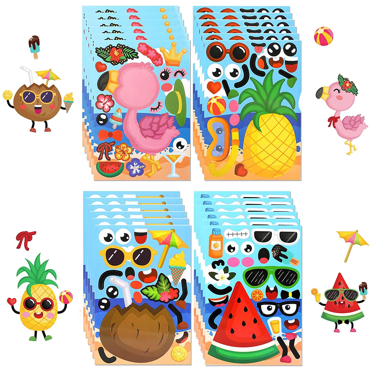 24 PCS Hawaii Make a face Sticker Sheets, Make Your Own Pineapple Flamingo Stickers, Christmas Stickers for Kids Hawaiian Luau Party Decorations Favors, Fruit Beach Mix DIY Match Stickers for Boys Girls…
