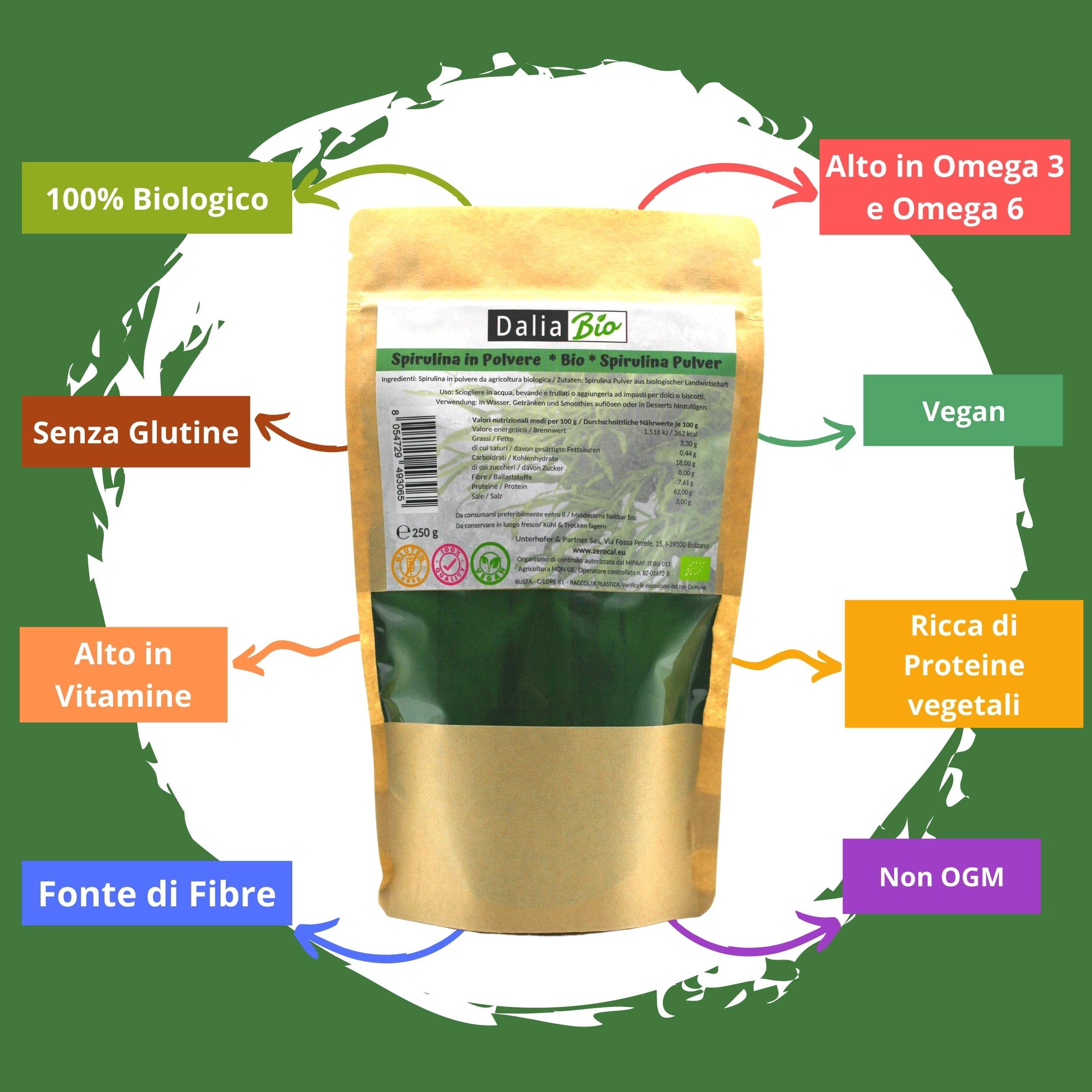 Dalia - Spirulina Biologica In Polvere 250 Gr | Ricca di Proteine, Calcio e Vitamine, Ricca di Nutrienti