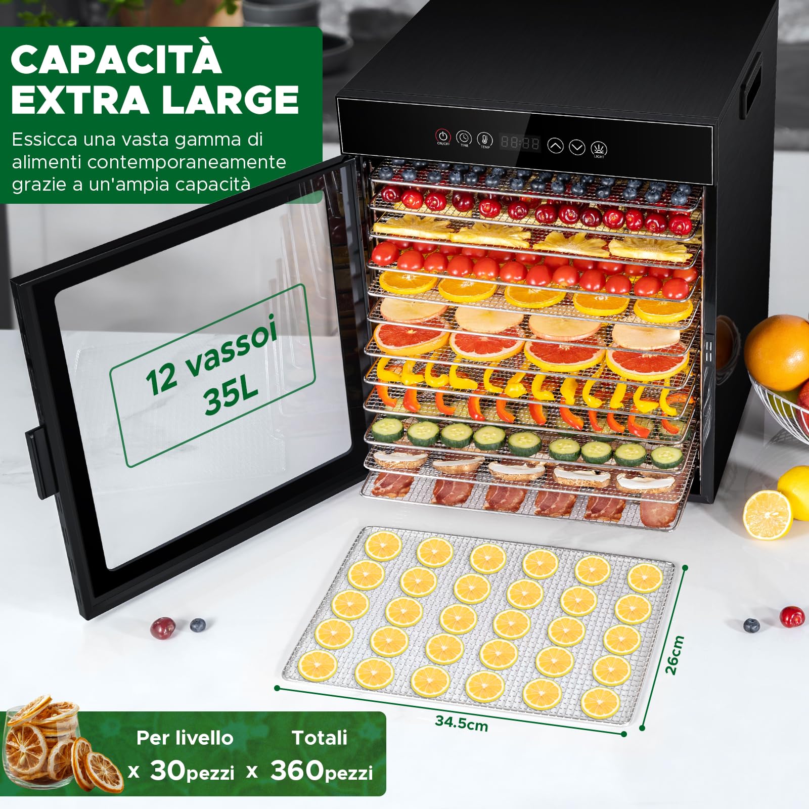 Kwasyo Essiccatore Alimentare 12 Vassoi in Acciaio Inox, Tutto Nero, Struttura a Doppio Strato, Grande Capacità, Essiccatore Commerciale per Frutta, Pesce, Verdure, Carne, Jerky, Erbe, 900W