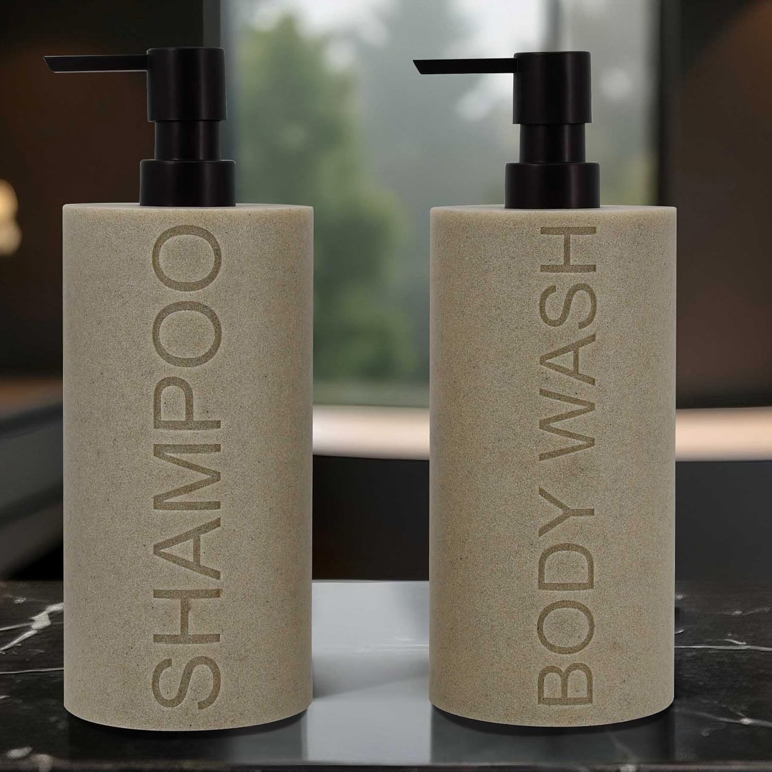 Resin 2 Pack Shampoo, Conditioner or Body Wash Dispenser Set, Luxurious Refillable Pump Bottles with Matte Pump Top and Embossed Text, Durable Design for Bathroom and Shower