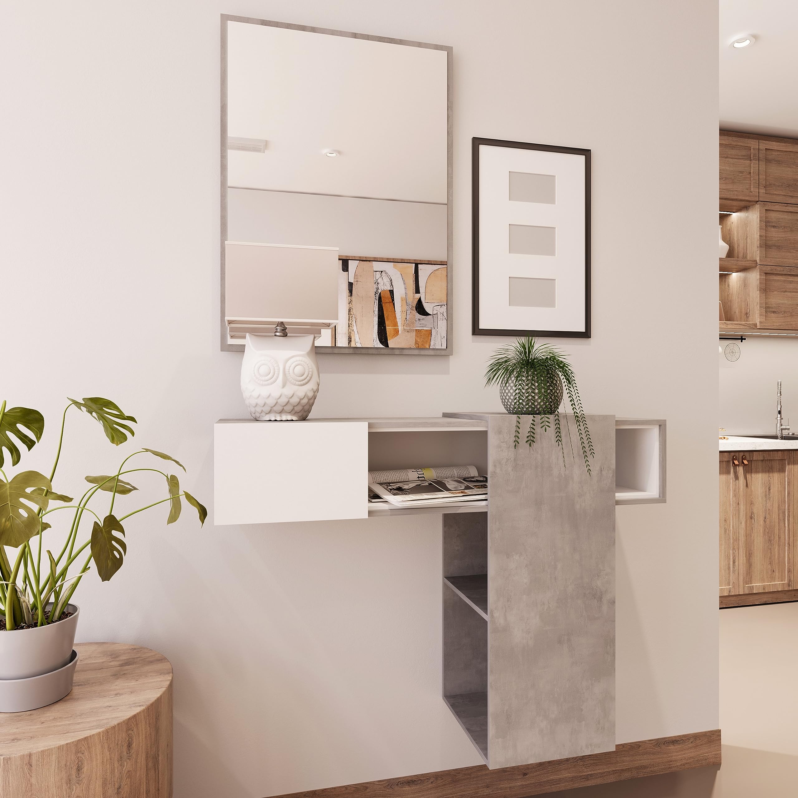 BRICOZONE Mobile Sospeso Scorrevole Da Ingresso Con Specchio Moderno Contemporaneo Salvaspazio Innovativo Funzionale Pensili Pannelli Legno Rettangolare Parete 100 x 31.5 x 75 cm Bianco Grigio Cemento