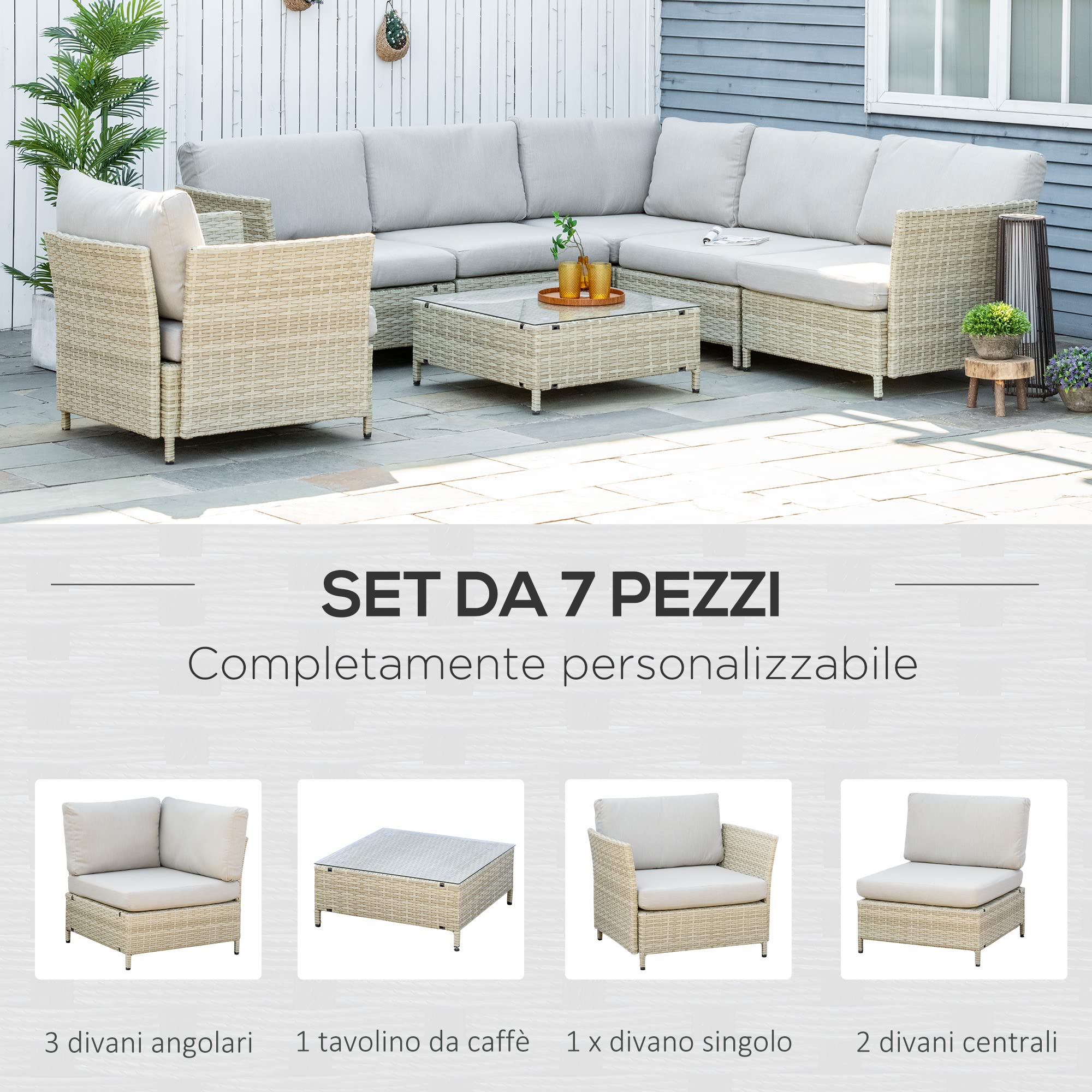 Outsunny Salotto da Giardino 7 Pezzi Modulabile con Tavolino, Poltrona, Poltrona Angolare e 2 Divanetti in Rattan PE con Cuscini, Beige