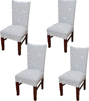 4 x Soft Spandex Fit Stretch Short Dining Room Chair Covers with Printed Pattern, Banquet Chair Seat Protector Slipcover for Home Party Hotel Wedding Ceremony