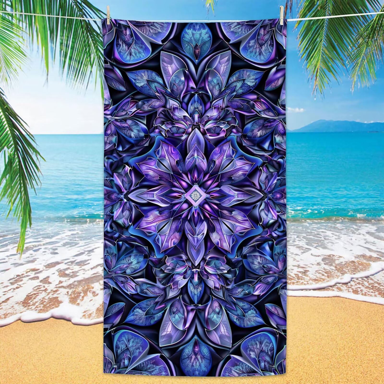 2 duże rozmiary, 100 x 220 cm, fioletowy, szybkoschnący ręcznik z mikrofibry, bez piasku, plażowy, lekki podróżny, kompaktowy ręcznik kempingowy z torbą do przechowywania, chłonny, dla kobiet