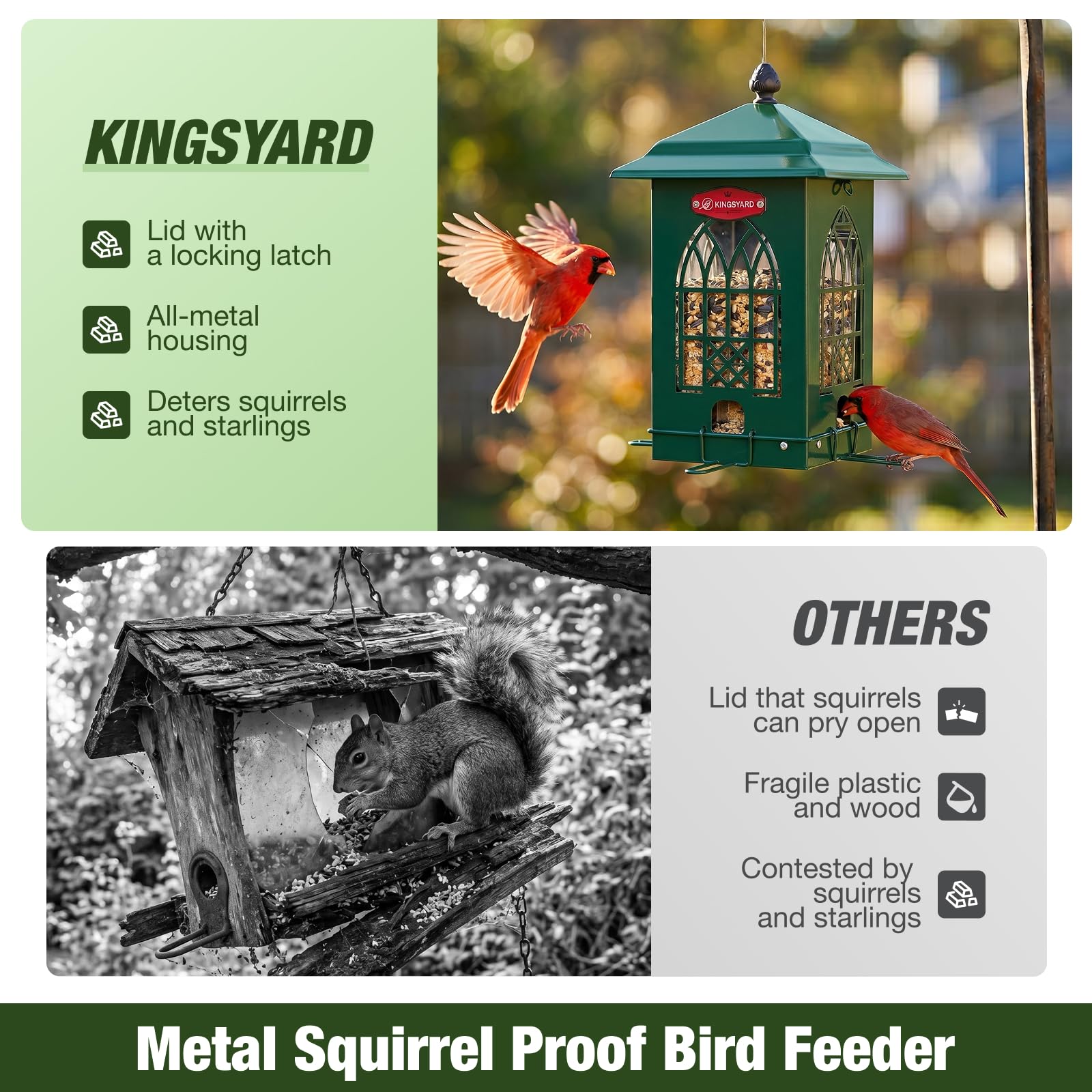 Kingsyard Comedero para pájaros a prueba de ardillas para exteriores con perchas activadas por peso, capacidad de 5 libras, comedero de metal grande para pájaros silvestres pequeños, pinzón cardenal