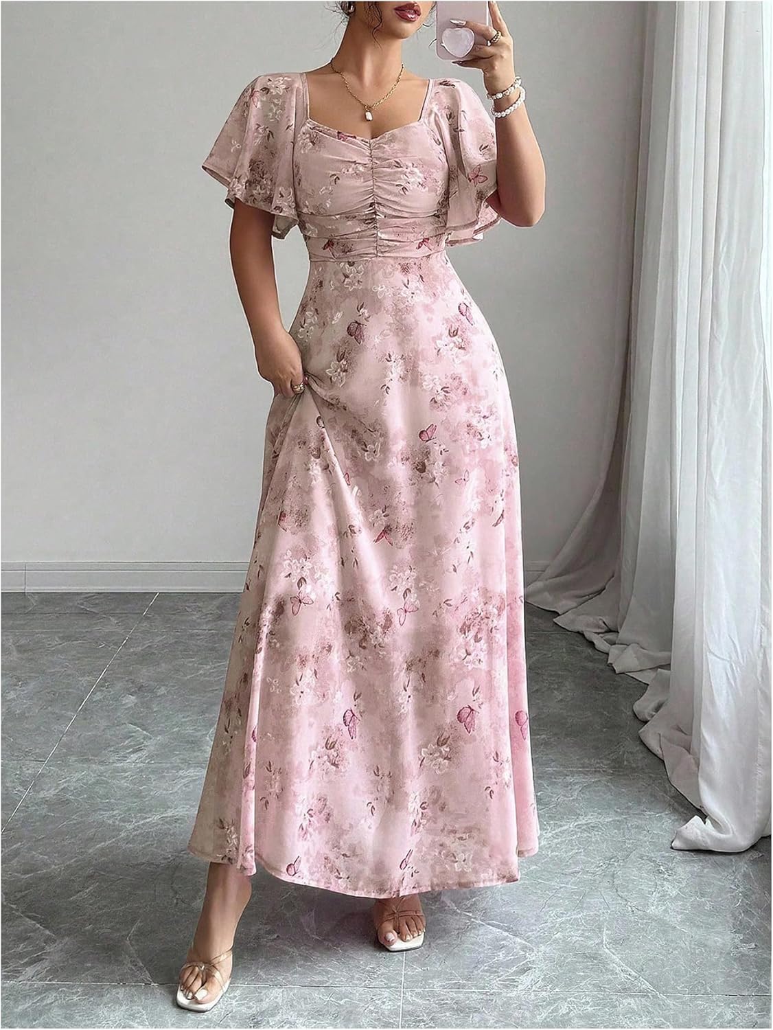 Floerns Women's Butterfly Short Sleeve Boho Maxi Dress Sweetheart Neck Vacation A Line Dresses