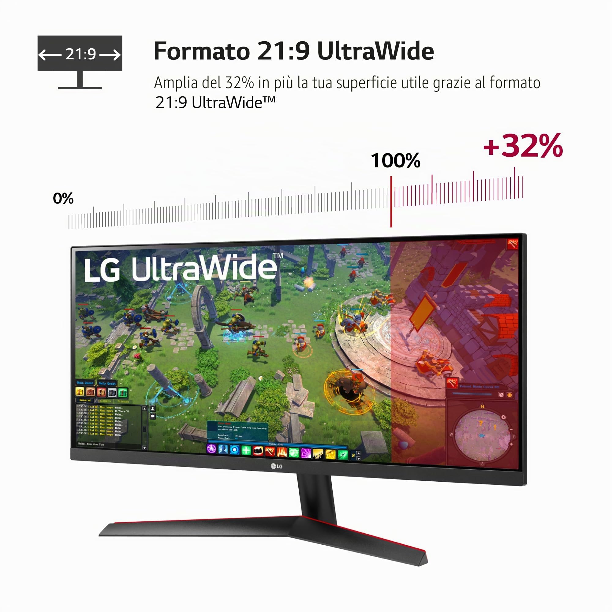 LG 29WP60G-B - Monitor Gaming LG Ultragear (Pannello IPS: 2560x1080p, 21:9, 250 CD/m², 1000:1, 5ms, 1ms con MBR, ingressi: DP x1, HDMI x1, AMD FreeSync) Nero