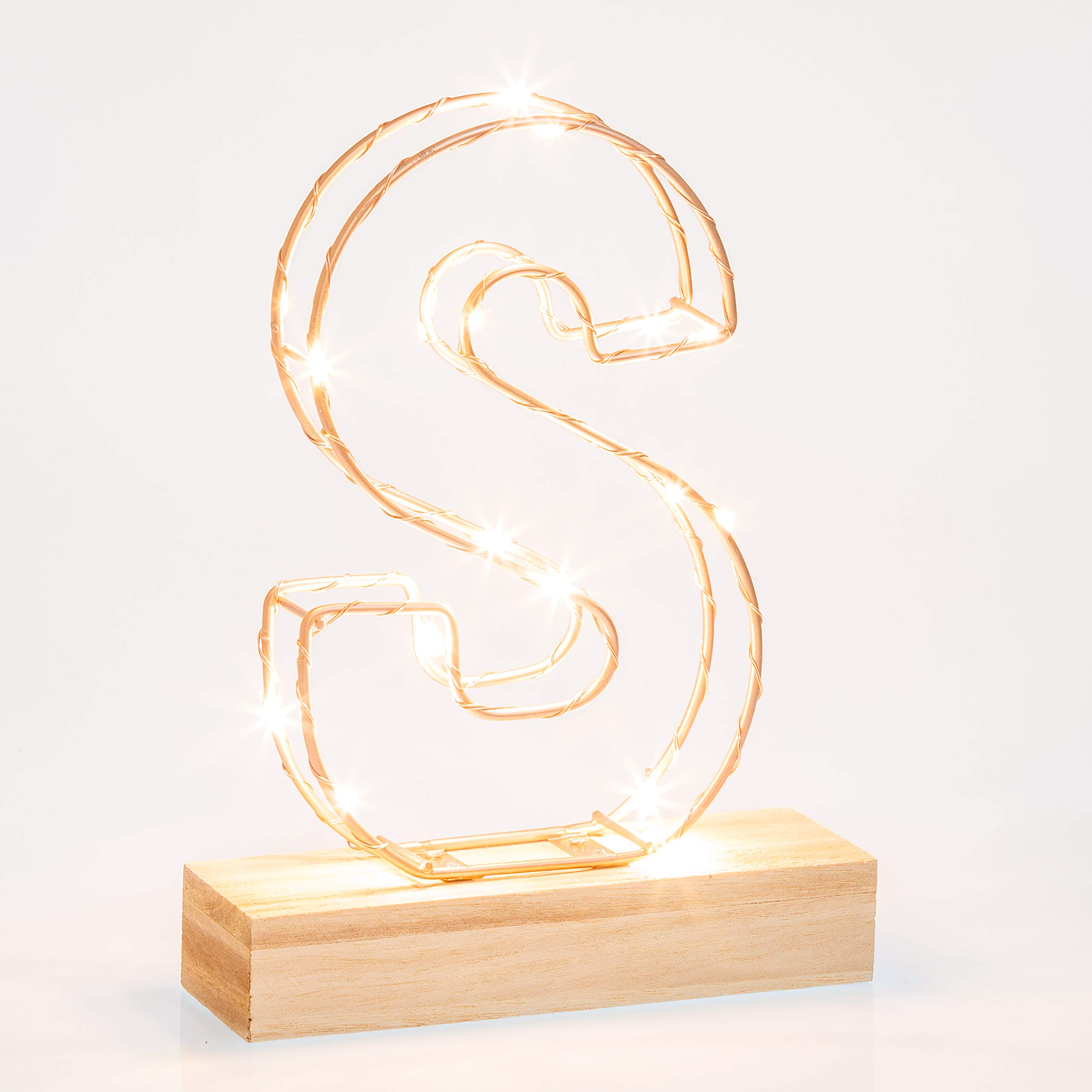 Light Up Letter S | LED Alphabet Wire Frame Letter Lights | Rose Gold Copper Initials | Personalised Lighting | Battery Powered | Office Living Room Bedroom