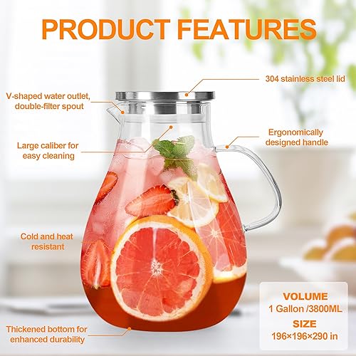 Miniatura 10 de Jarra de vidrio de 3 cuartos de galón con tapa, 96 onzas, jarra de té helado, jugo, leche, café, limonada, cristalería de borosilicato, regalo de