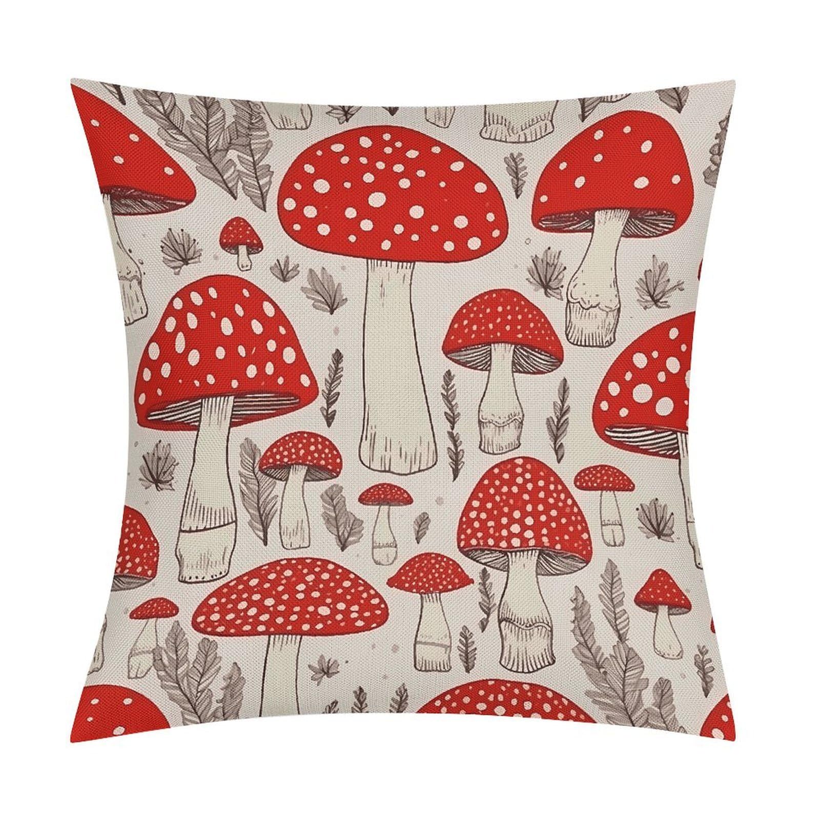 LZQPOEAS Red White Mushroom Throw Pillow Covers, Waterproof Faux Linen Pillow Cases with Invisible Zipper, Decorative Square Cushion Covers for Sofa Couch Living Room Bedroom 18x18 Inch