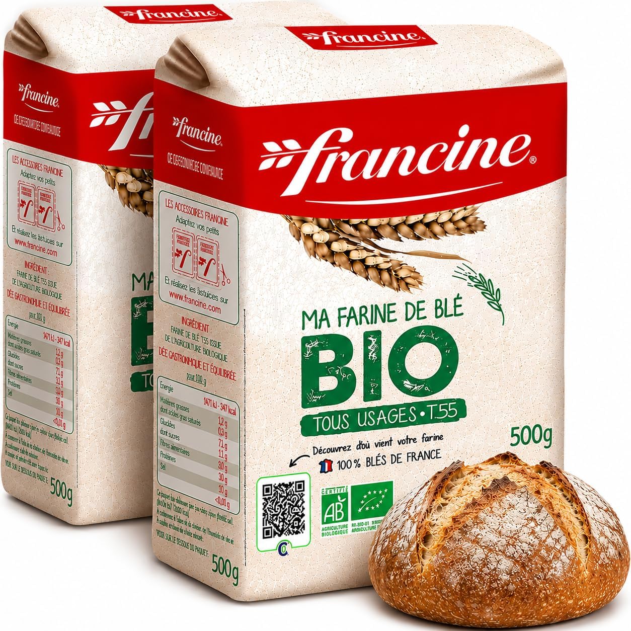 Francine Organic Wheat Flour, T55 Bio French Flour from France with Lower Gluten Content, Makes Great Breads, Pastries and Desserts, 35.3oz/1 kg (Pack of 2)