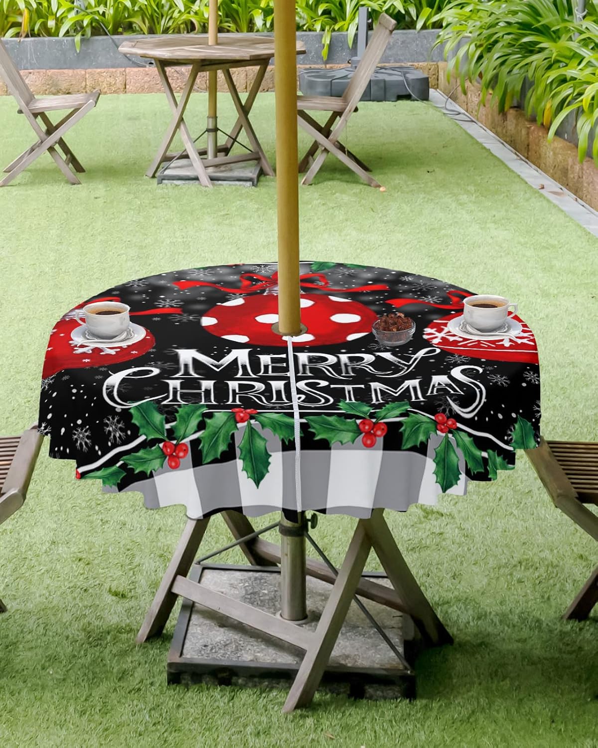 Christmas Balls Red Outdoor Tablecloths with Umbrella Hole and Zipper, Black White Plaid Xmas Snowflake Black Waterproof/Stain Resistant Round Table Cloth 54'' Patio Table Cover for Picnic/Party