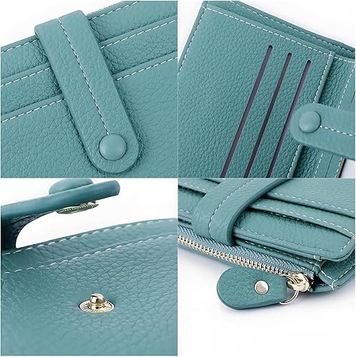 Miniatura 4 de Cartera pequeña plegable para mujer, con bloqueo RFID, de cuero, con cremallera, con ventana de identificación y tarjetero de crédito, Verde claro,