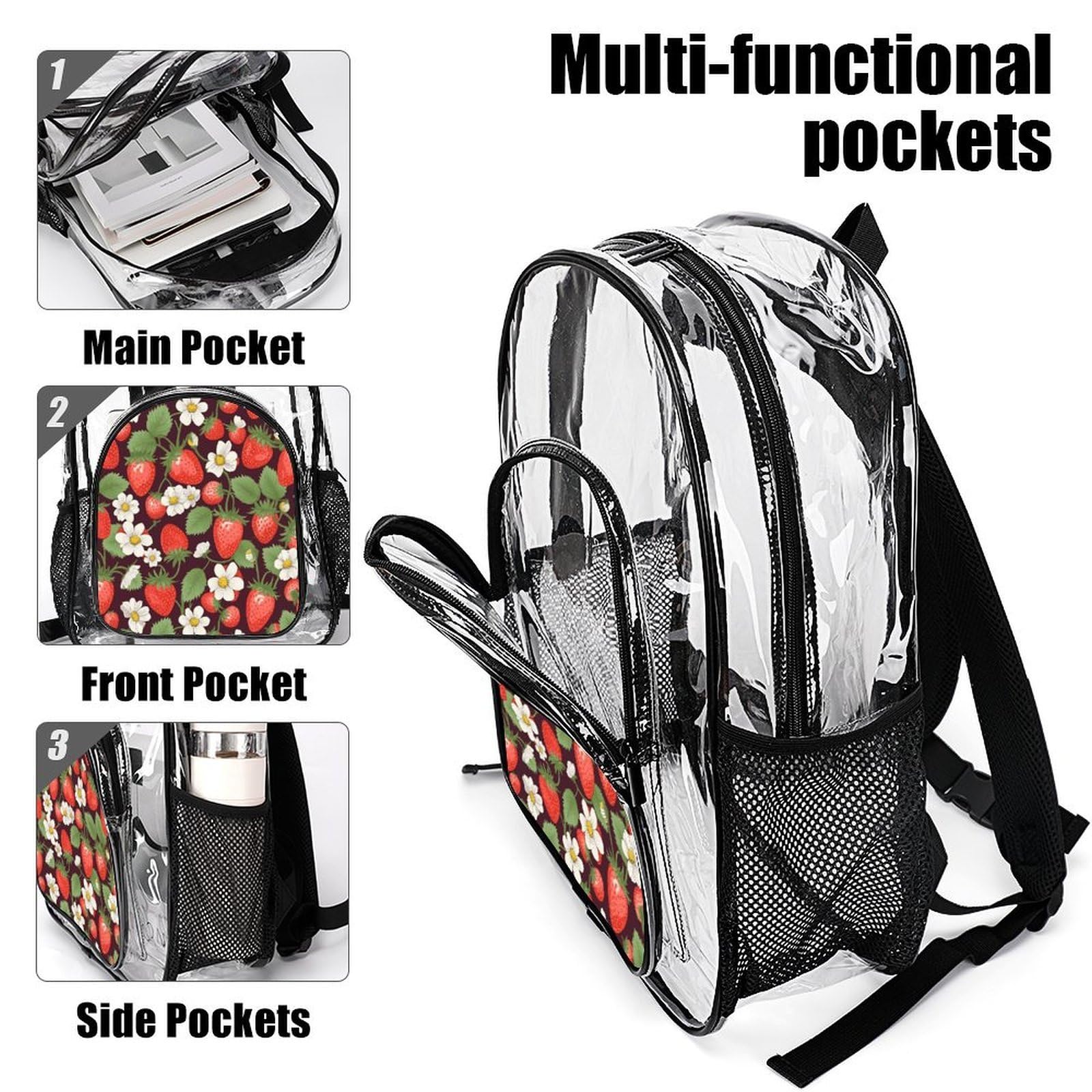 Strawberry3 Transparenter Rucksack, groß, transparent, PVC, Büchertasche für Sicherheit, Arbeit, Reisen, Stadion