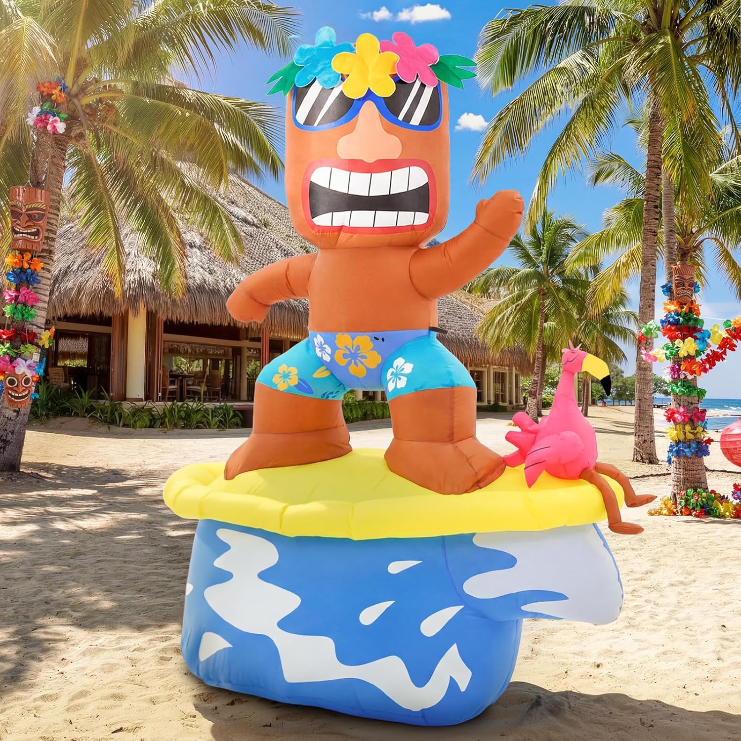 5FT Flamingo Inflatable Tiki Surfboard Luau Party Decorations, Summer Inflatables Outdoor Decorations with LEDs and Blower, Tiki Blow Up Flamingo for Tropical Beach Pool Summer Yard Decor
