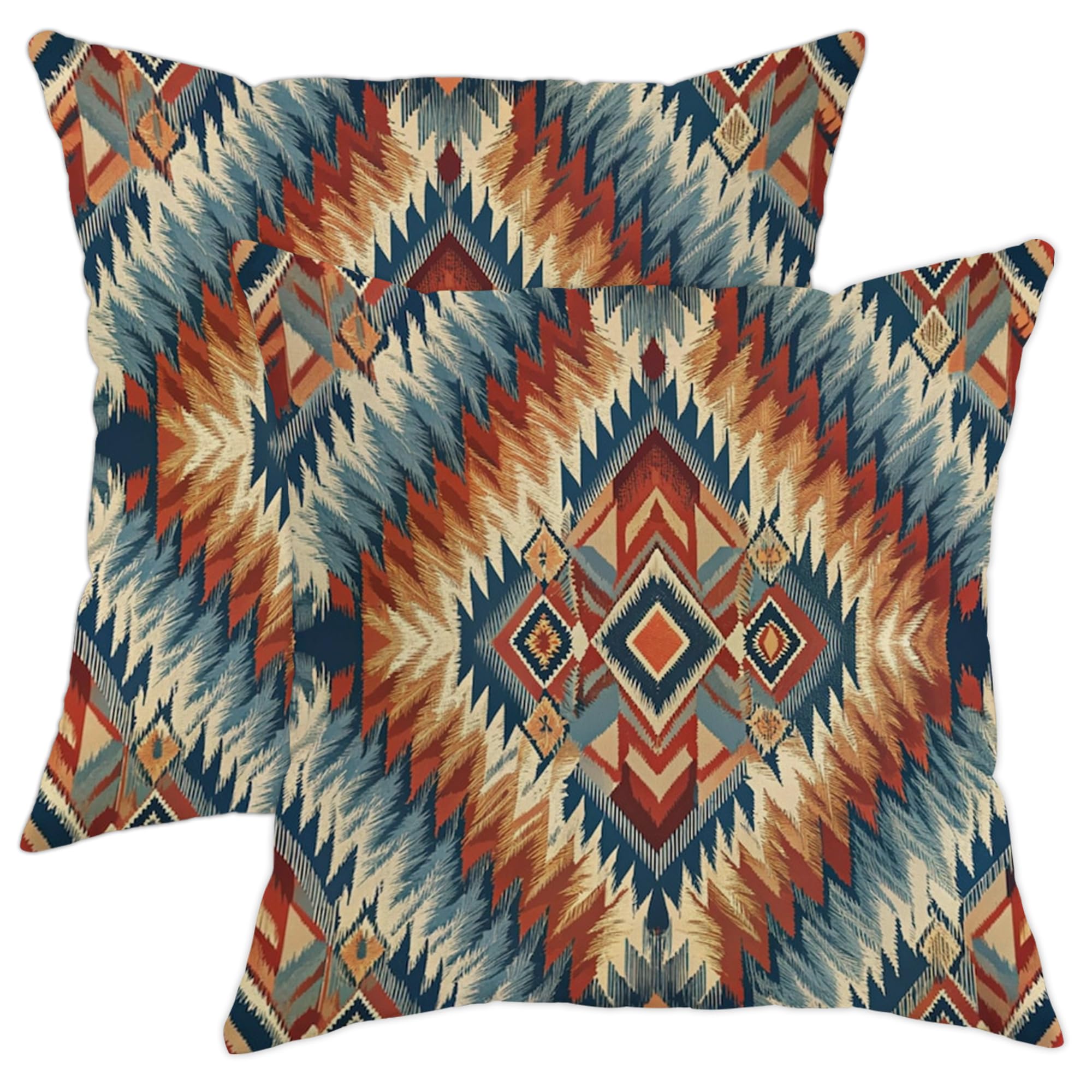 Tribal Throw Pillow Covers Set of 2, Bohemian Aztec Pattern Cushion Cases, Rich Blue and Rust Decorative Farmhouse Decor for Living Room Home Sofa 16x16 Inch