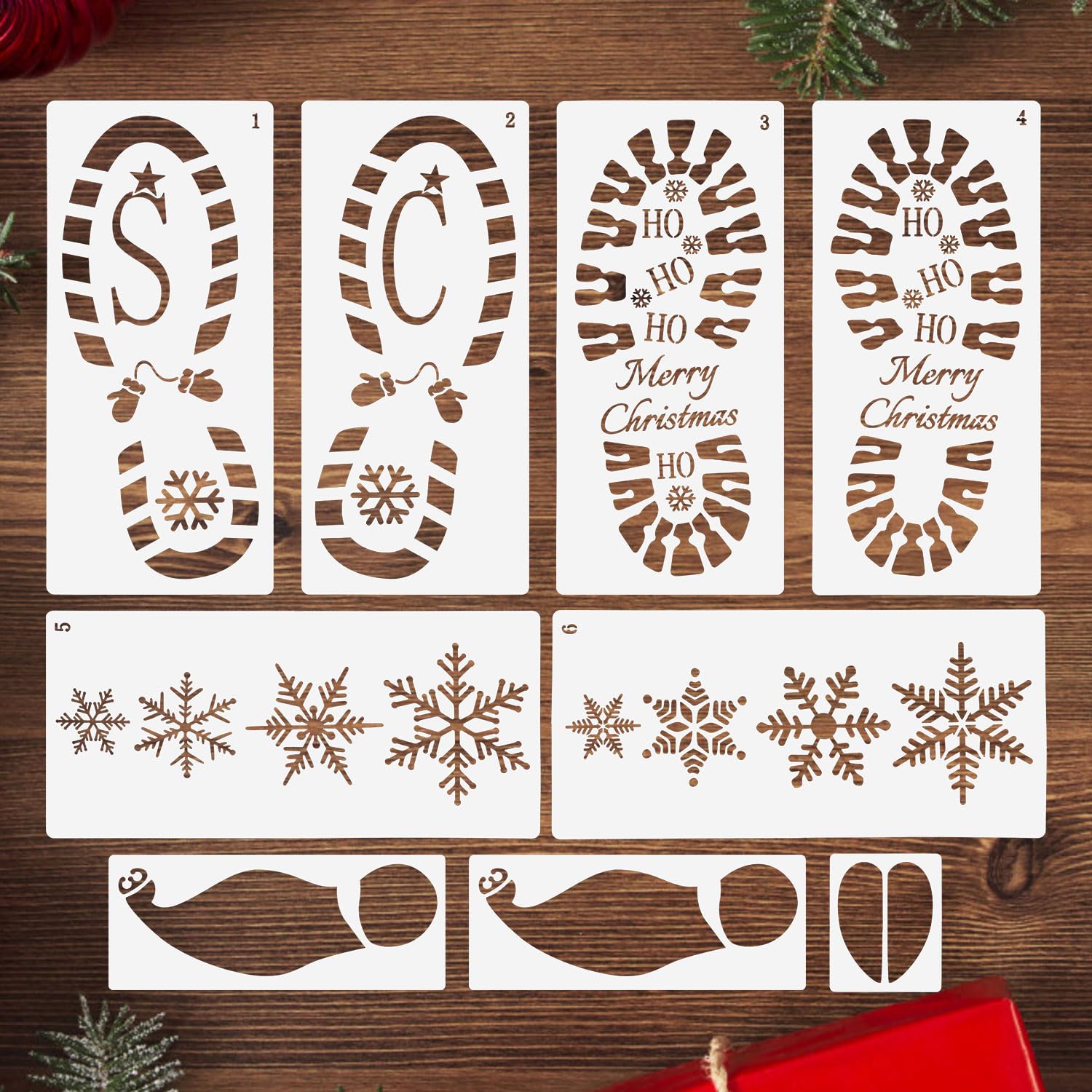 CCINEE 9pcs Christmas Santa Footprint Stencil for Floor, Santa Claus Boot Prints Snowflake Stencils Kit for Painting Template Xmas Holiday Decorations
