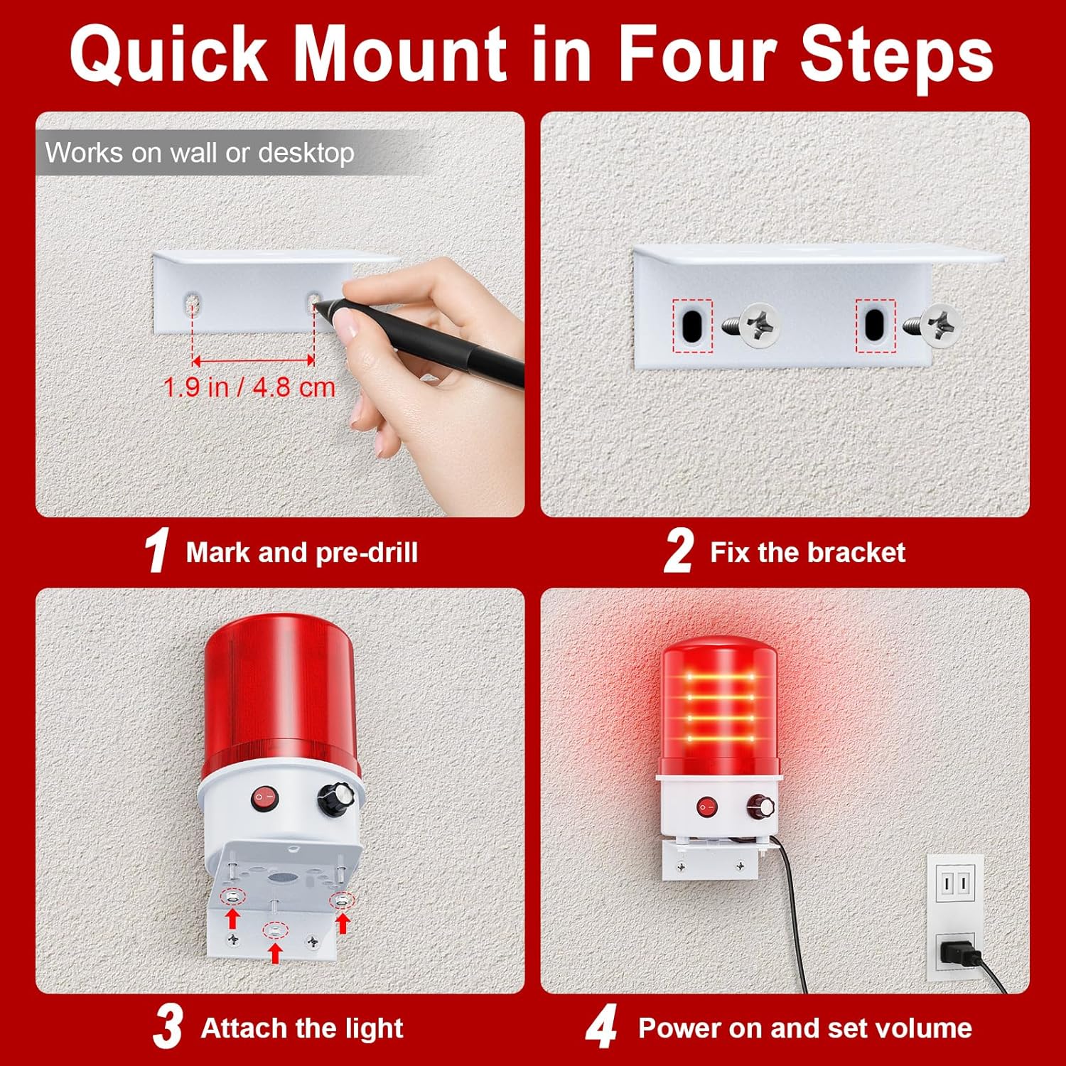 Industrial LED Rotating Warning Siren Light with Bracket Mount, Red 0–120 dB with Buzzer, 100–240V AC Wide Voltage, 4W ABS IP65 Waterproof Strobe, Bolt Mount Alarm Sign Light for Factory, Construction
