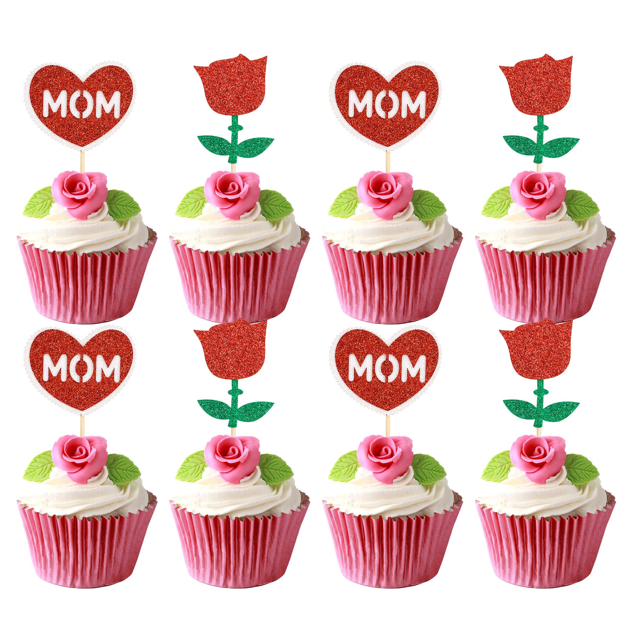24Pcs Happy Mother's Day Cupcake Toppers Glitter Rose Flower Heart Best Mom Ever Love Mother Cupcake Picks for Happy Mother's Day Birthday Party Cake Decorations Supplies Red