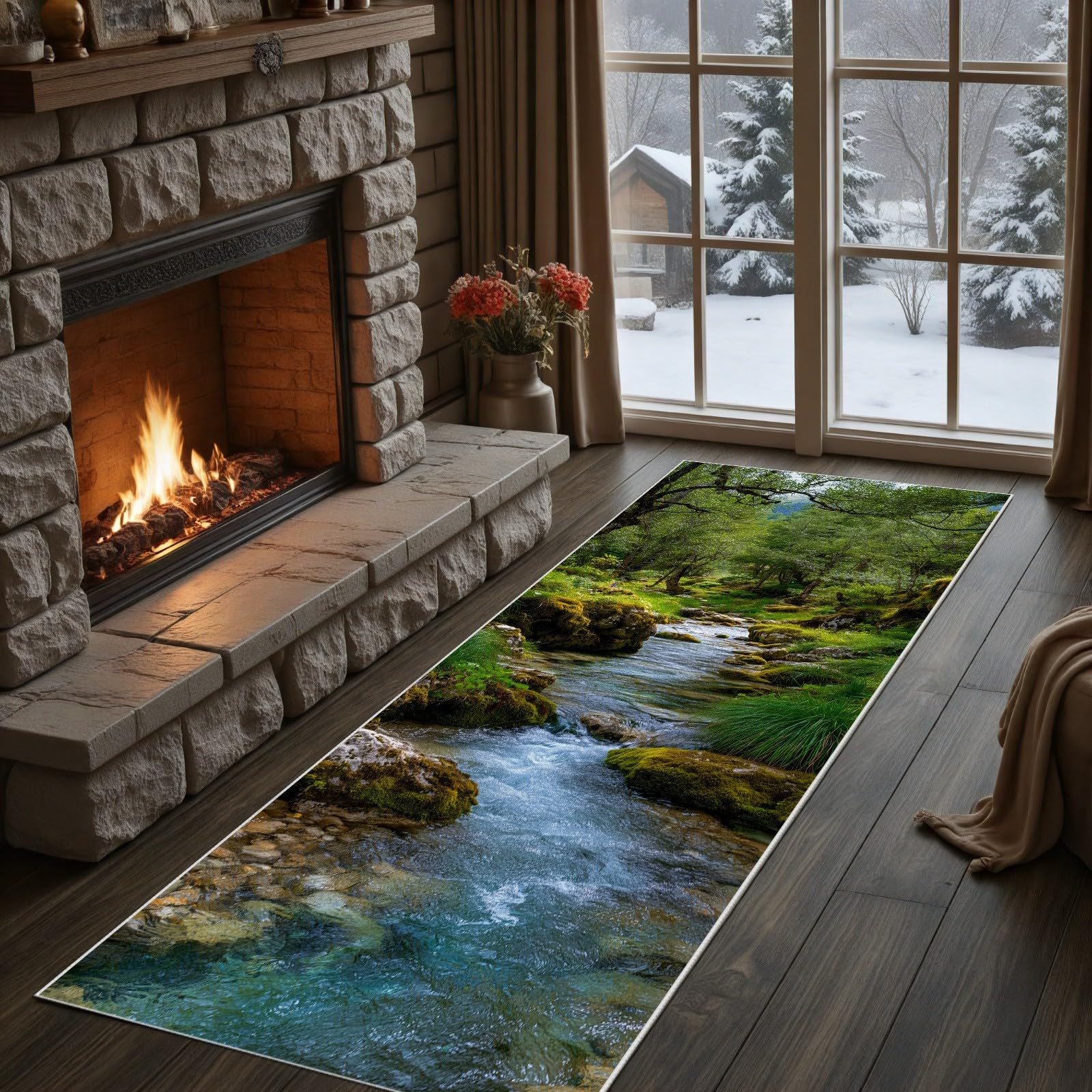 Wald Creek Teppich Läufer, Küchenteppich Moos Felsen Teppiche Waschbarer rutschfest 80x200 cm, Natur Bachtal Teppichläufer, Carpet für Flur Schlafzimmer Küche