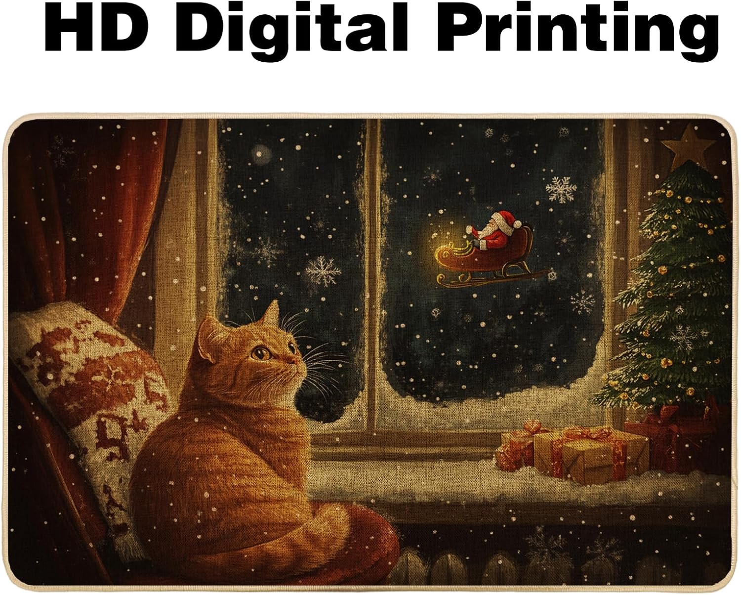 Christmas Cat Doormat, Orange Tabby Door Mat for Indoor & Outdoor Holiday Decor, Rubber Washable Non-Slip for Winter Entrance Mat 29x17 Inch