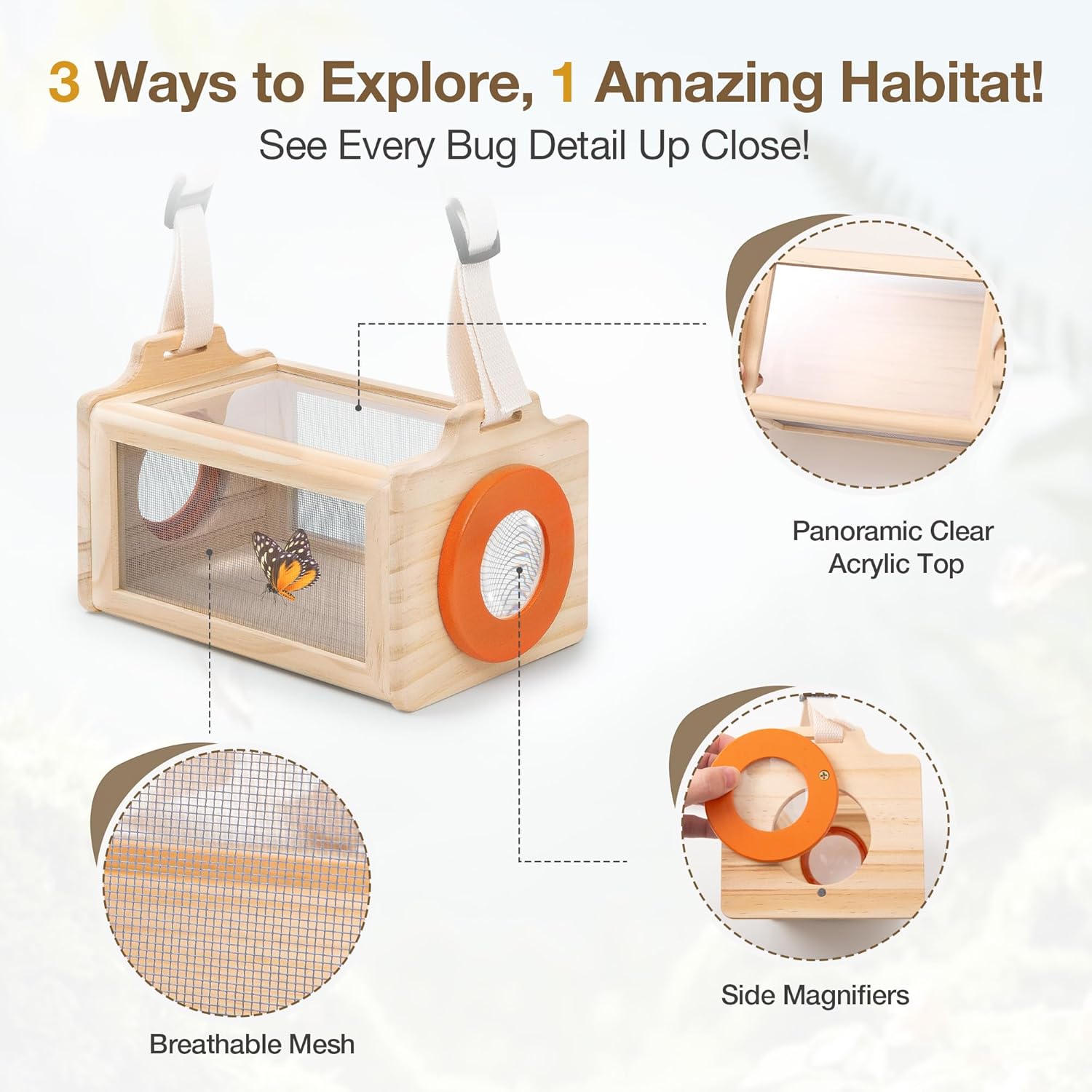 Wooden Bug Catcher Kit for Kids, 16-in-1 Outside Toys for Toddlers STEM Outdoor Explorer Set with 3-Way Observation Habitat, Butterfly Net, Magnifying Glass, Educational Gift for Boys Girls Ages 3-8