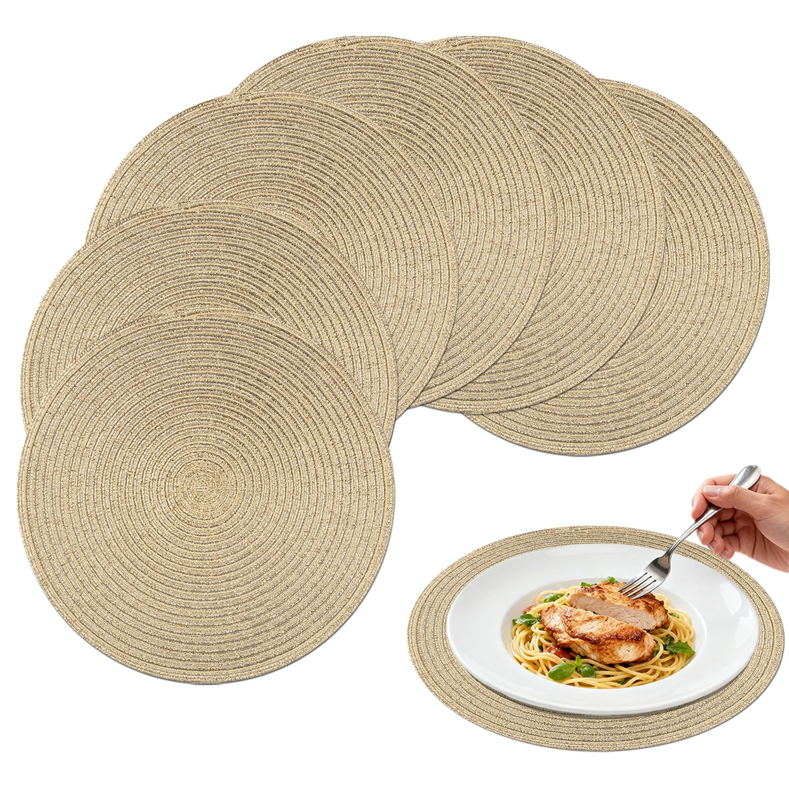 wiipara 6er Set Tischsets Rund Gold für Weihnachten Deko, Platzsets 38 cm | Abwaschbar, Rutschfest, Hitzebeständig, Gewebte Platzdeckchen, Runde Placemats für Esstisch, Hochzeit, Hotel, Weihnachtsdeko