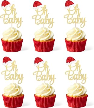 Gexolenu 24 Pcs Christmas Oh Baby Cupcake Toppers, Double-Sided Glitter Red Santa Hat Picks for Christmas Theme Baby Shower, Kids Birthday Party Cake Decorations Supplies