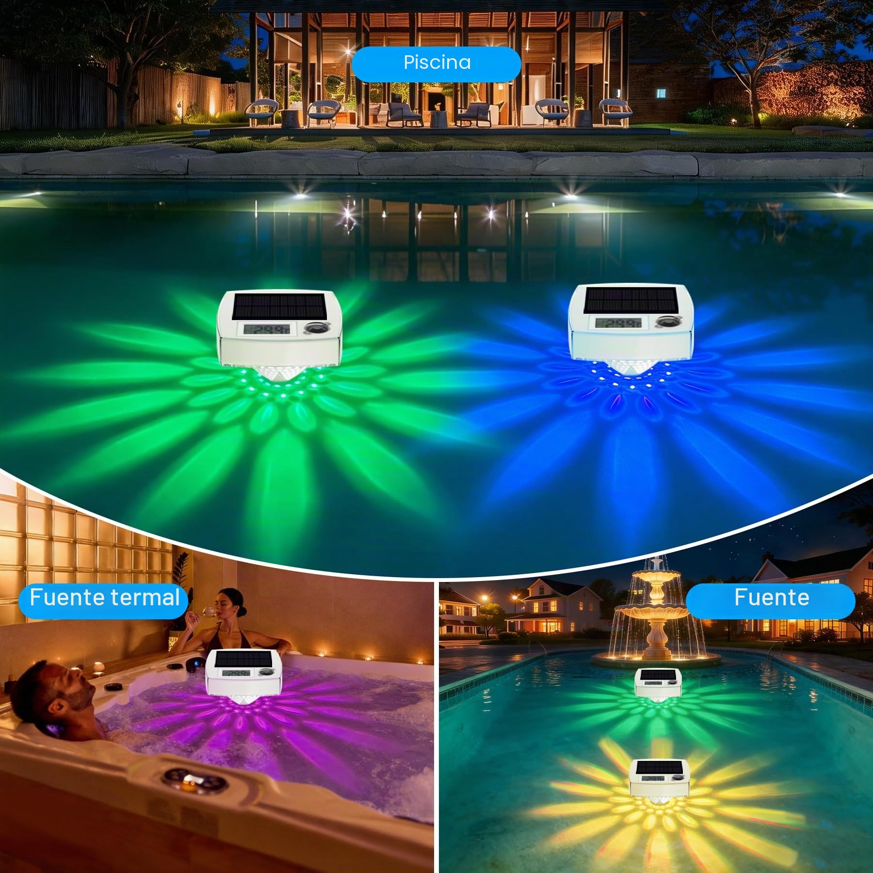 Termómetro solare digitale 2 in 1, Termómetro solar para piscina galleggiante con grande display LCD e illuminazione LED RGB per piscina. Impermeabile IP68.