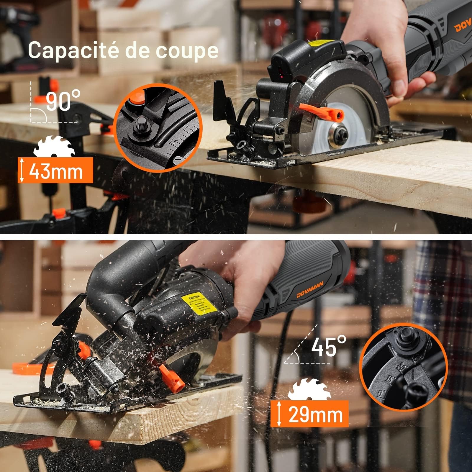 DOVAMAN Mini Scie Circulaire, 710W 115mm w/Laser, 3500RPM, Poignée Auxiliaire, Profondeur de Coupe de 43mm (90°), 29mm (45°), 6 Lames, pour le Bois, Métal Souple, Plastique, Carrelage - MCS01A