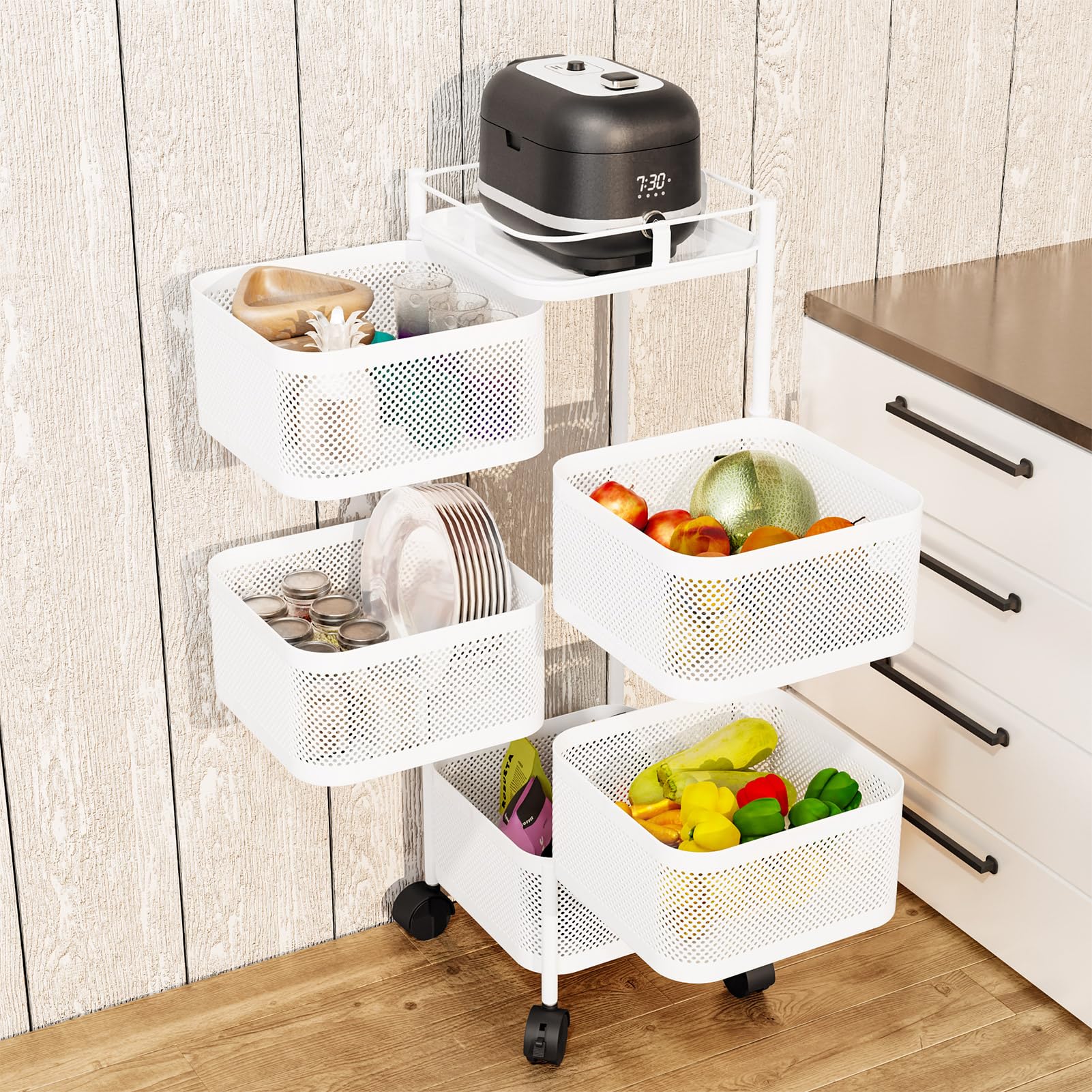 Carrello da cucina rotante a 5 strati in filo metallico per frutta e verdura, versatile carrello portaoggetti con coperchio, per cucina e soggiorno, mobile su ruote