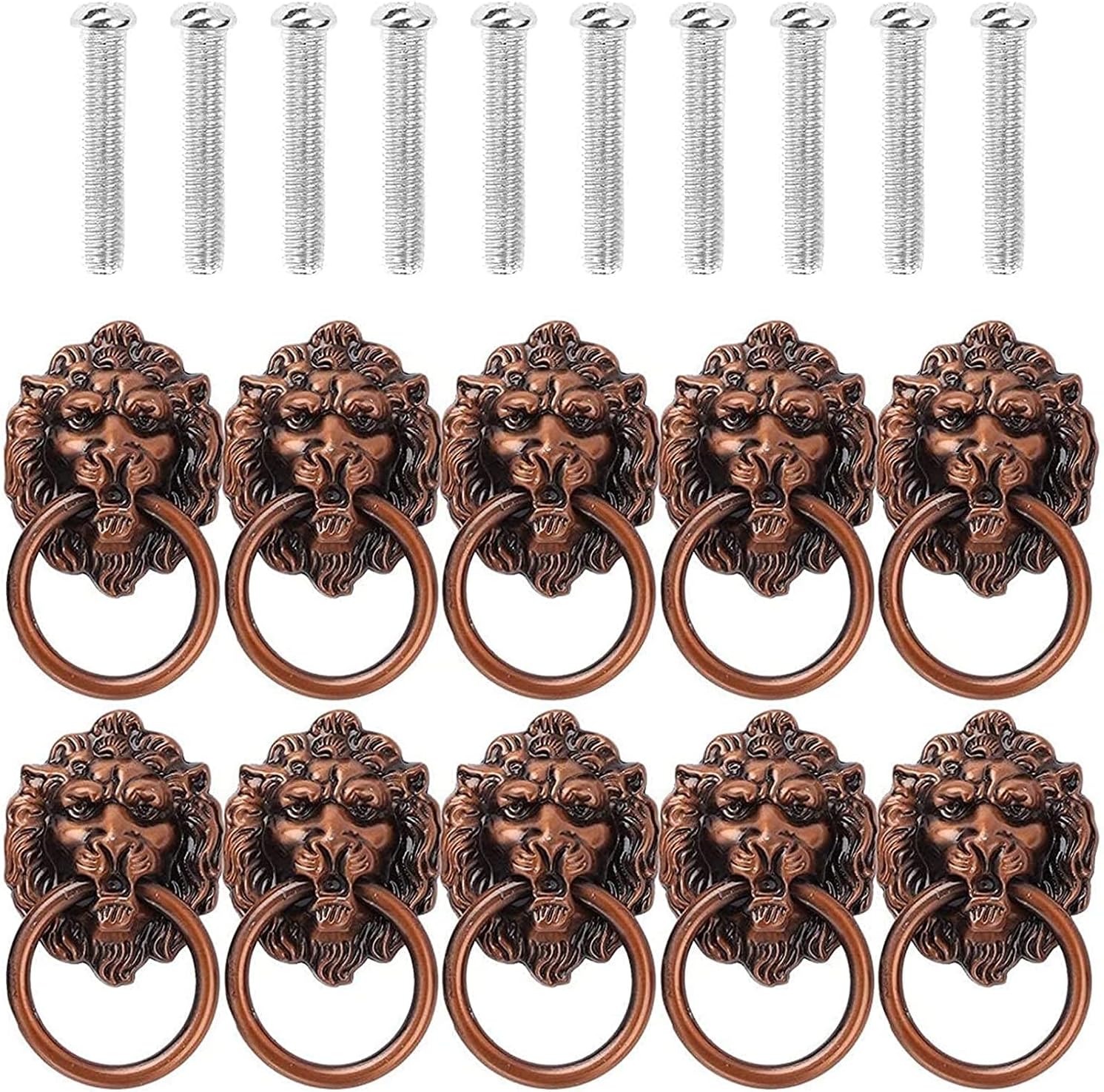 10Pcs Lion Head Zinc Alloy Knob Pull Handle Door Knocker Hardware Ring Furniture Mounting Screws Antique Door Pulls Handle Knobs (Color : Copper)