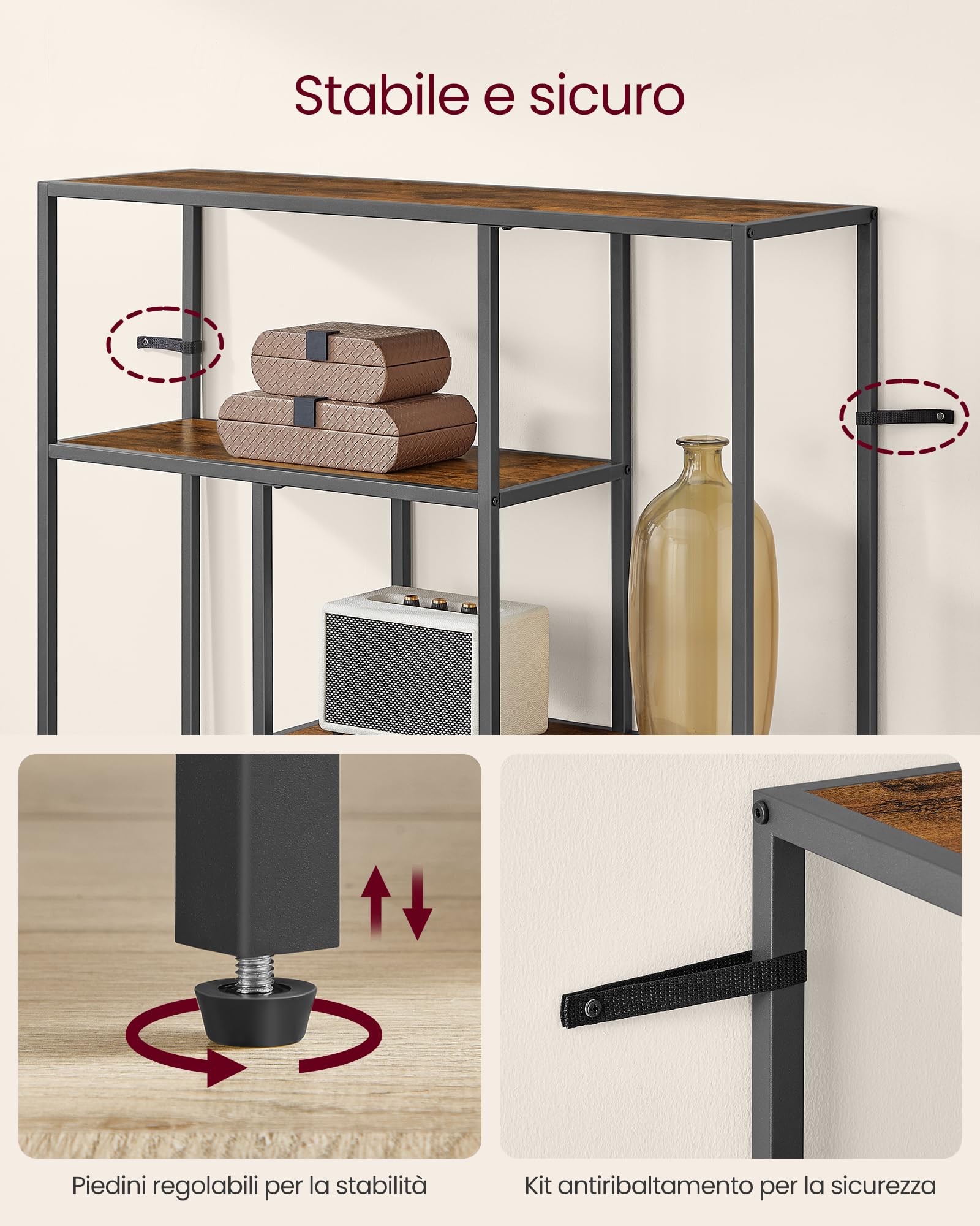 VASAGLE Libreria, Scaffale a 4 Ripiani, 30 x 100 x 103 cm, Scaffale Autoportante, per Soggiorno, Ufficio, Camera da Letto, Cucina, Marrone Vintage e Nero Inchiostro LLS134B01V1