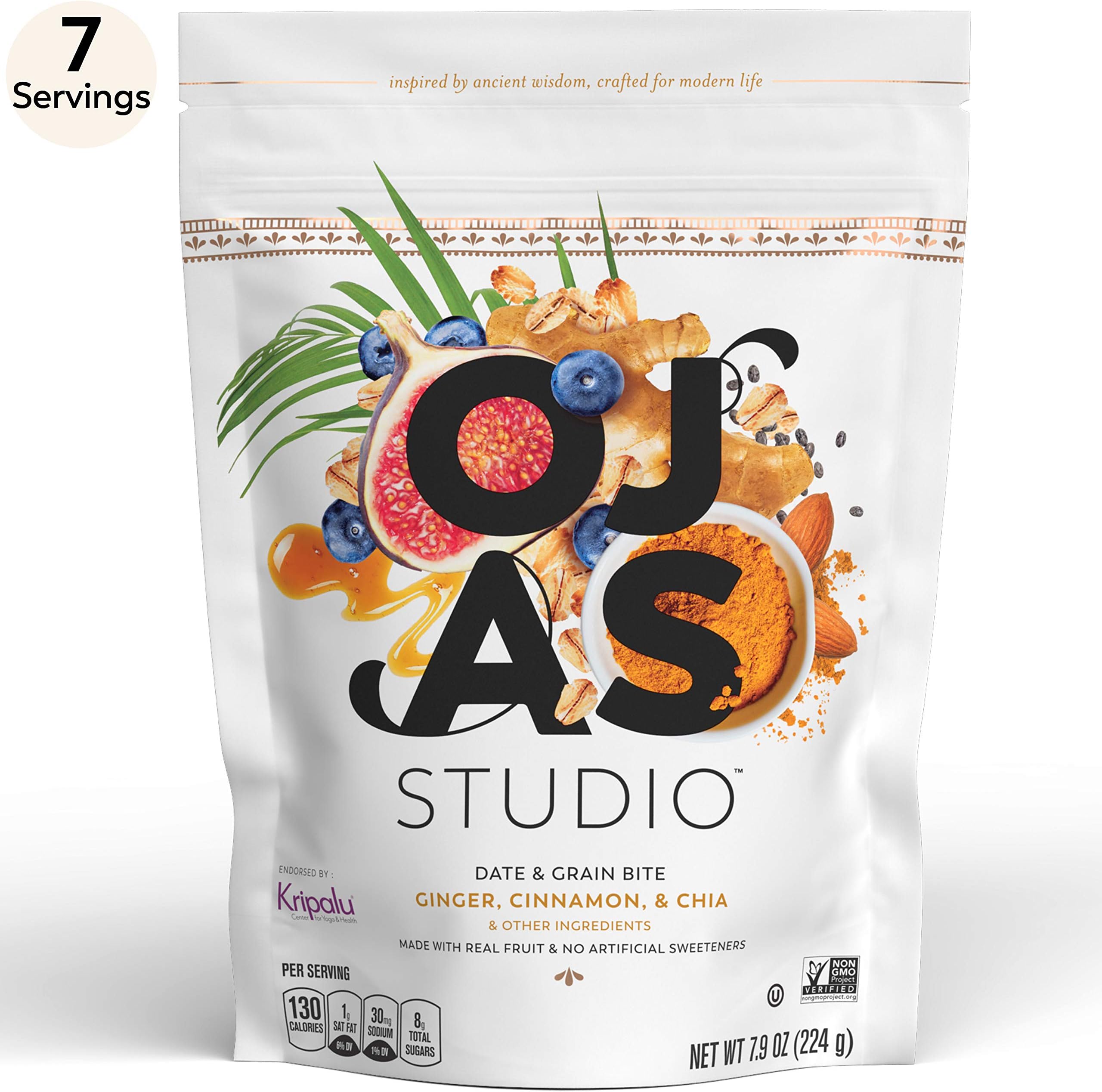 OJAS STUDIO Date & Grain Energy Bites, Ginger Cinnamon & Chia, 7-serving resealable bag, 7.9oz, non-GMO, no artificial sweeteners