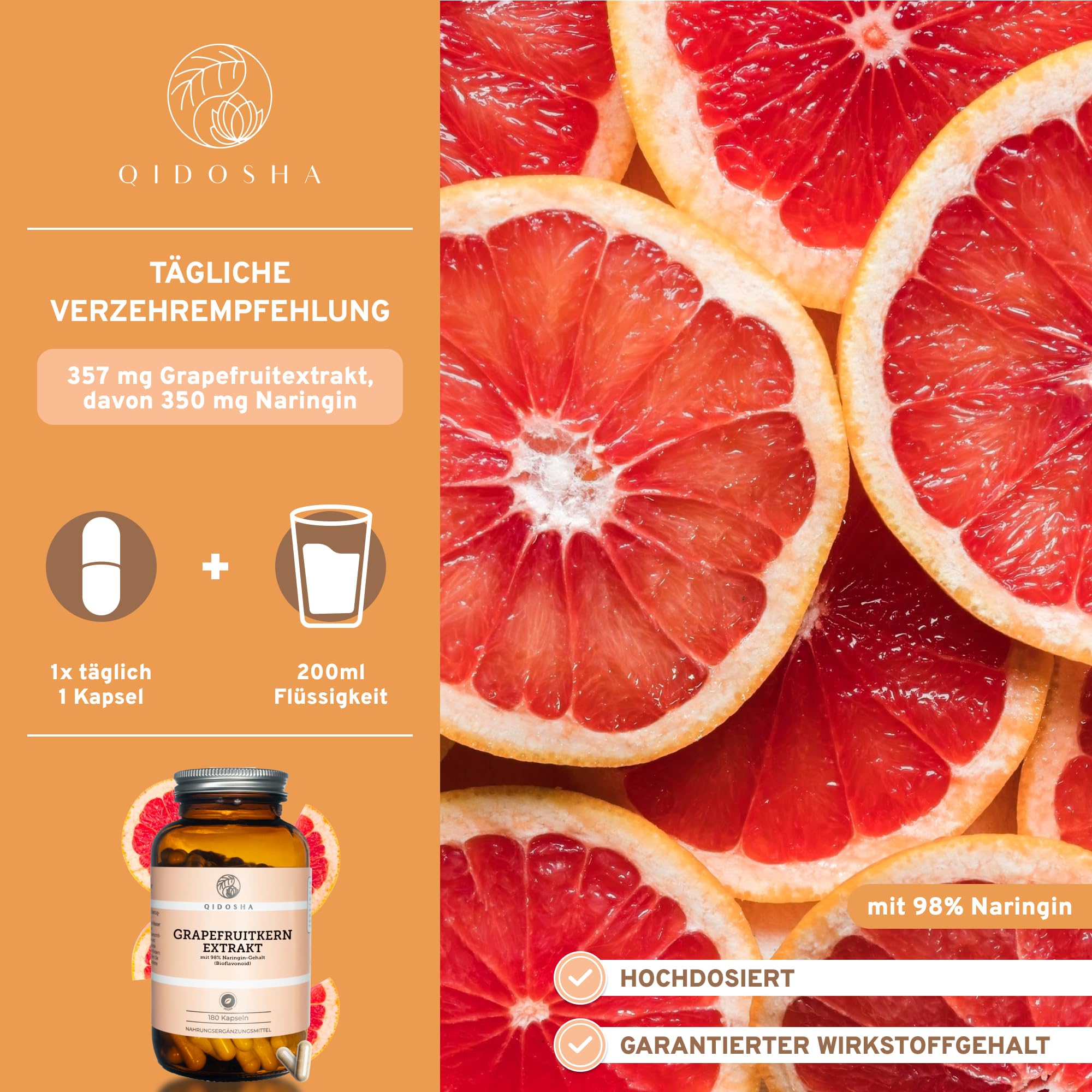 QIDOSHA® Grapefruitkern-Extrakt mit 98% Naringin, 350mg reines Naringin je Kapsel, 180 Kapseln im Apotheker-Glas, jede Charge laborgeprüft, deutsche Fertigung