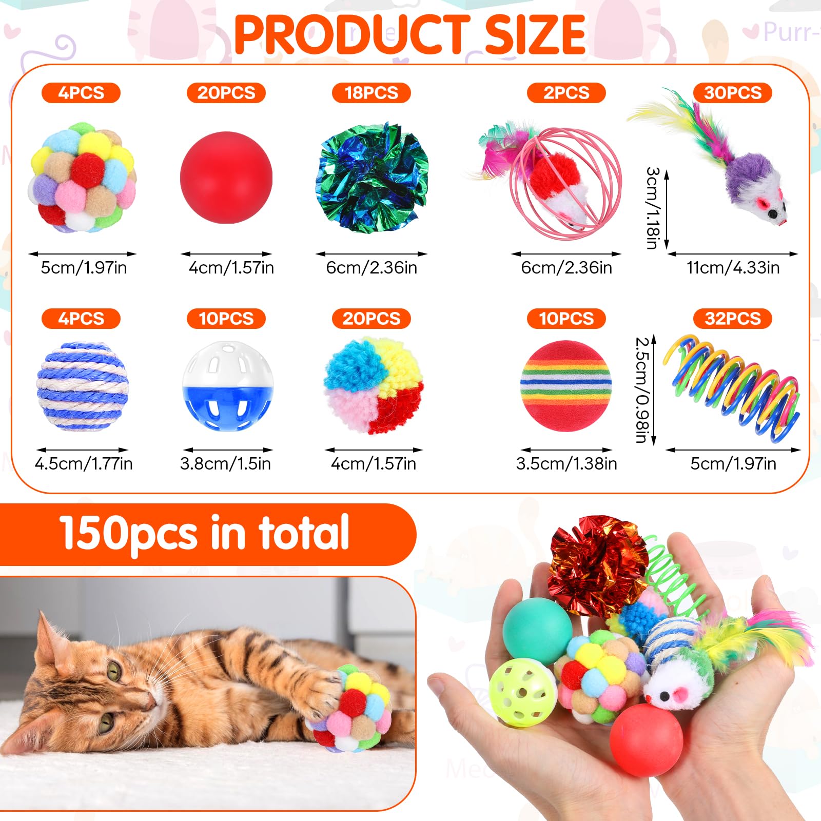 Lot de 150 jouets pour chat en vrac assortis - Jouet pour chat avec souris - Balles en sisal - Balles de tennis de table en peluche - Balles en peluche - Balles froissées