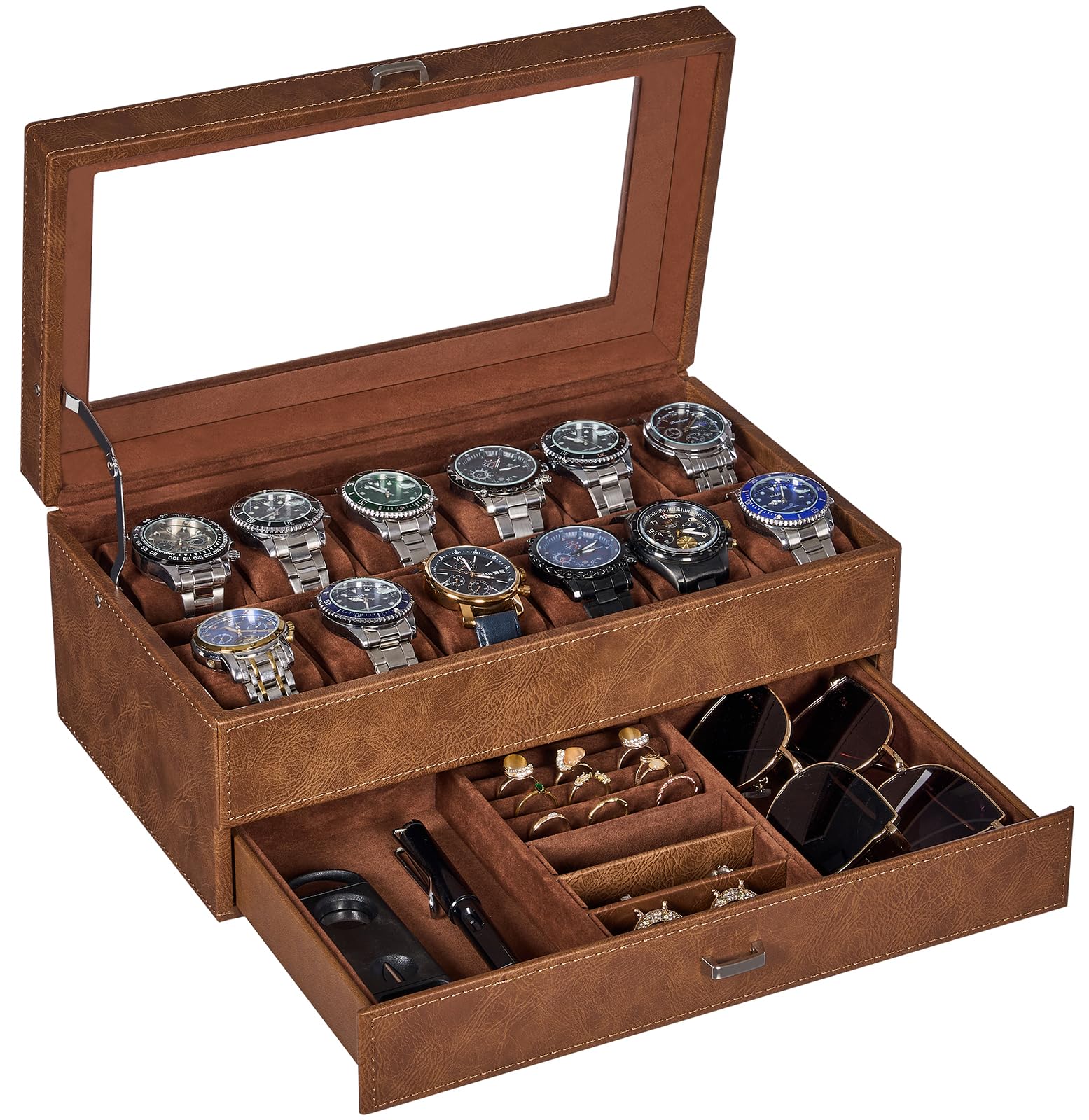 BEWISHOMEBEWISHOME 12-Slot Watch Box, 2-Layer Watch Case With Large Glass Lid, Mens Jewelry Box, Watch Display Case with Removable Watch Pillows, Watch Holder Organizer Watch Storage for Men Espresso SSH12Z