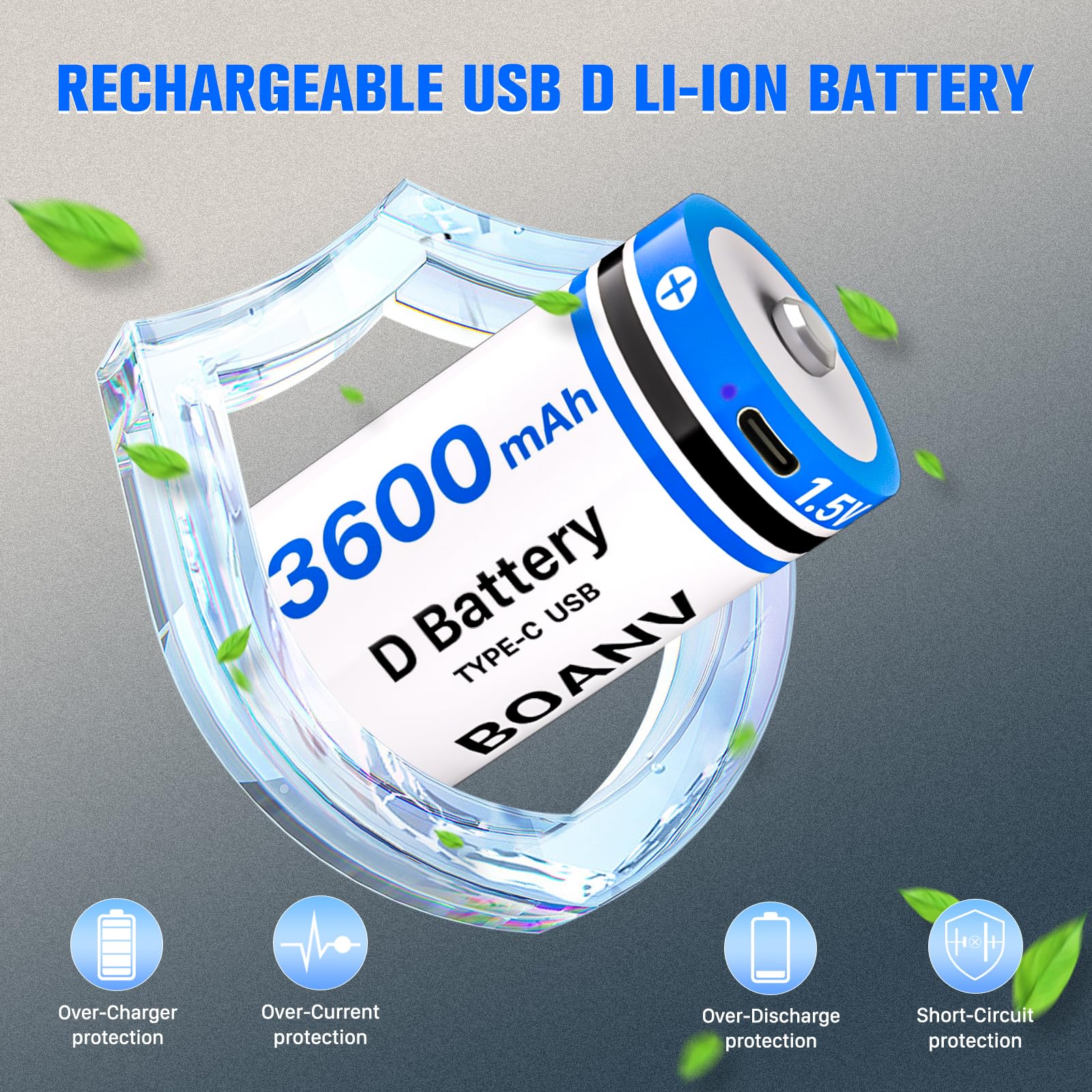 Piles D Rechargeable Lithium,3600mAh BOANV D Batterie Rechargeable avec Câble de Charge USB-C Pile de Remplacement pour Lampe de Poche (Lot de 2)