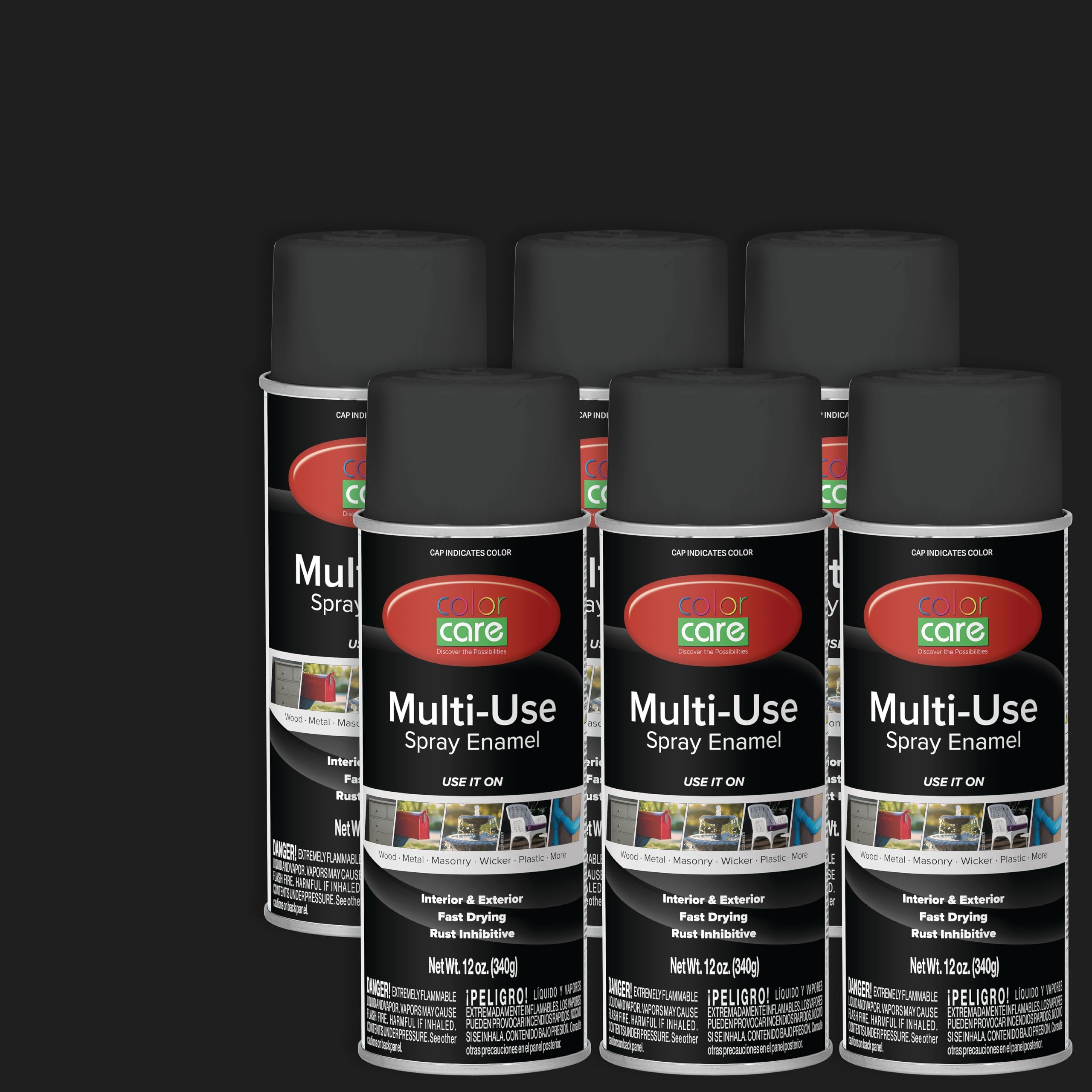 COLOR CARE Spray Paint, 12 oz, 6-Pack (Flat Black) – All-Purpose, Indoor & Outdoor, Rust Resistant, for Wood, Metal, Plastic & Masonry